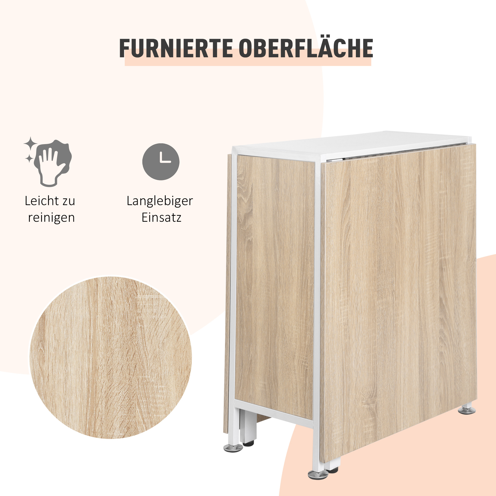 Klapptisch Esstisch Beistelltische Ablagefläche für Wohnzimmer Küche Eiche Holz Metallrahmen Natur+Weiß 169 x 60 x 75 cm