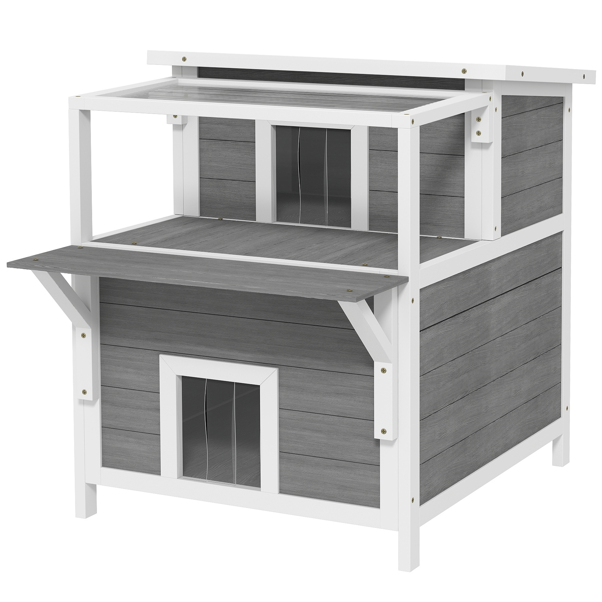 2-stöckiges Katzenhaus mit Balkon, Wetterfeste Katzenhütte, Regen- und Sonnenschutz, für drinnen und draußen, Hellgrau