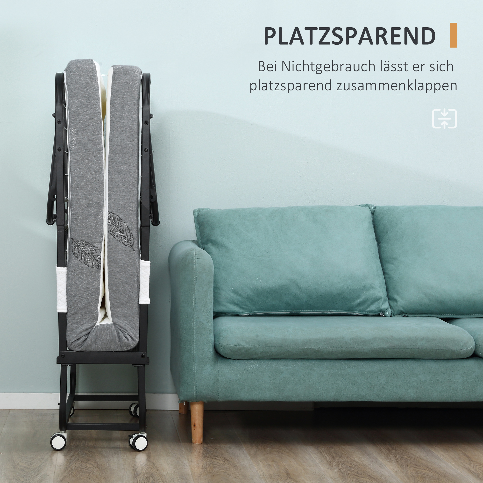 Gästebett, Klappbett, Reisebett mit Rollen, Matratze, Stahl, Weiß+Schwarz