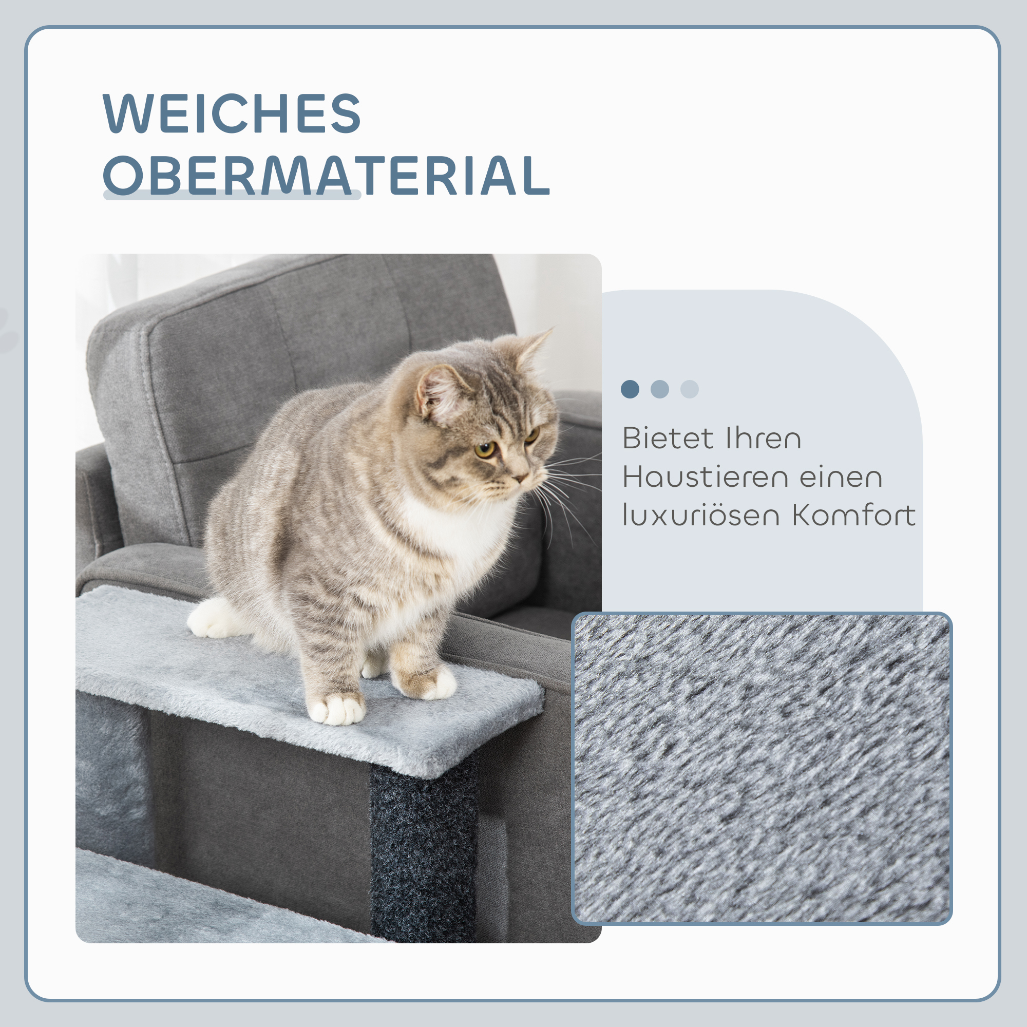 Katzentreppe 4-stufige Haustiertreppe mit Kratzsäulen Ball Hundetreppe Tiertreppe für Katzen bis 5 kg Plüsch Jute Grau 60 x 40 x 64 cm