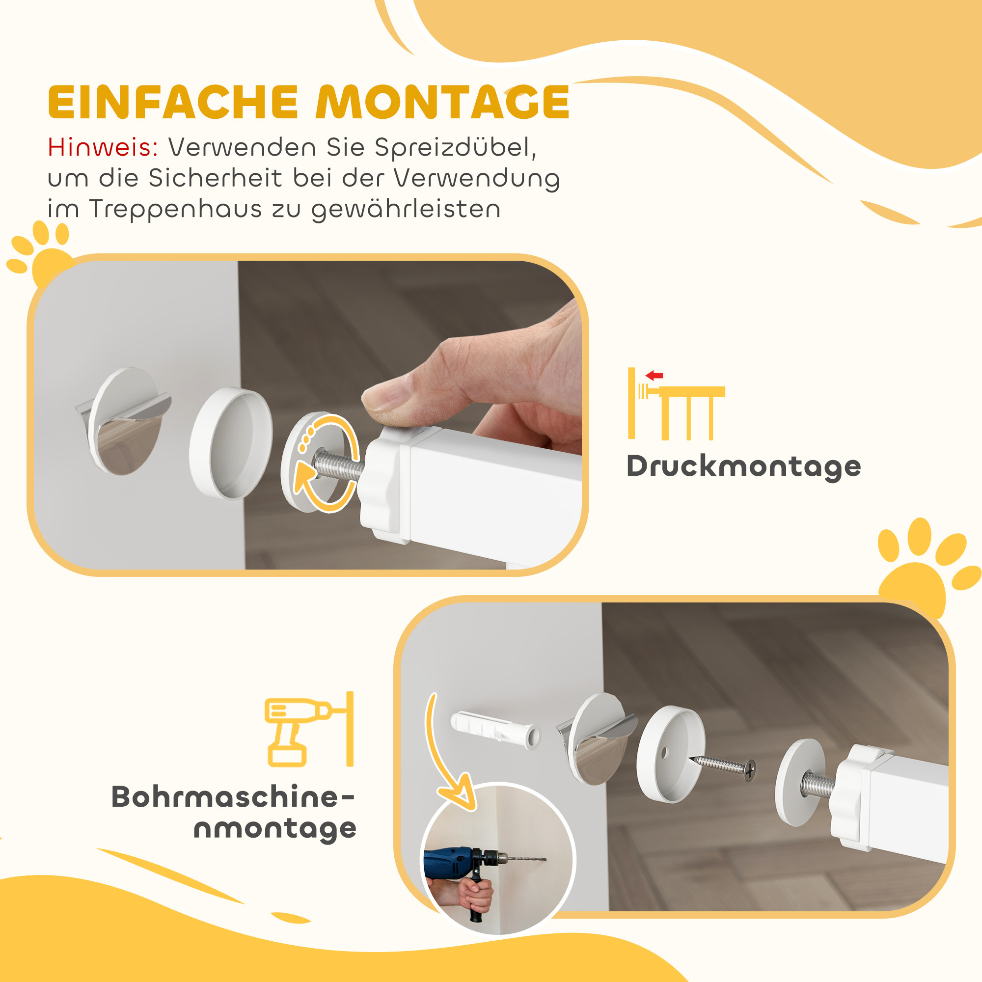 Treppenschutzgitter Absperrgitter ohne Bohren mit automatische Schließung für Kinder Küche Treppe 76-89 x 76 cm Weiß