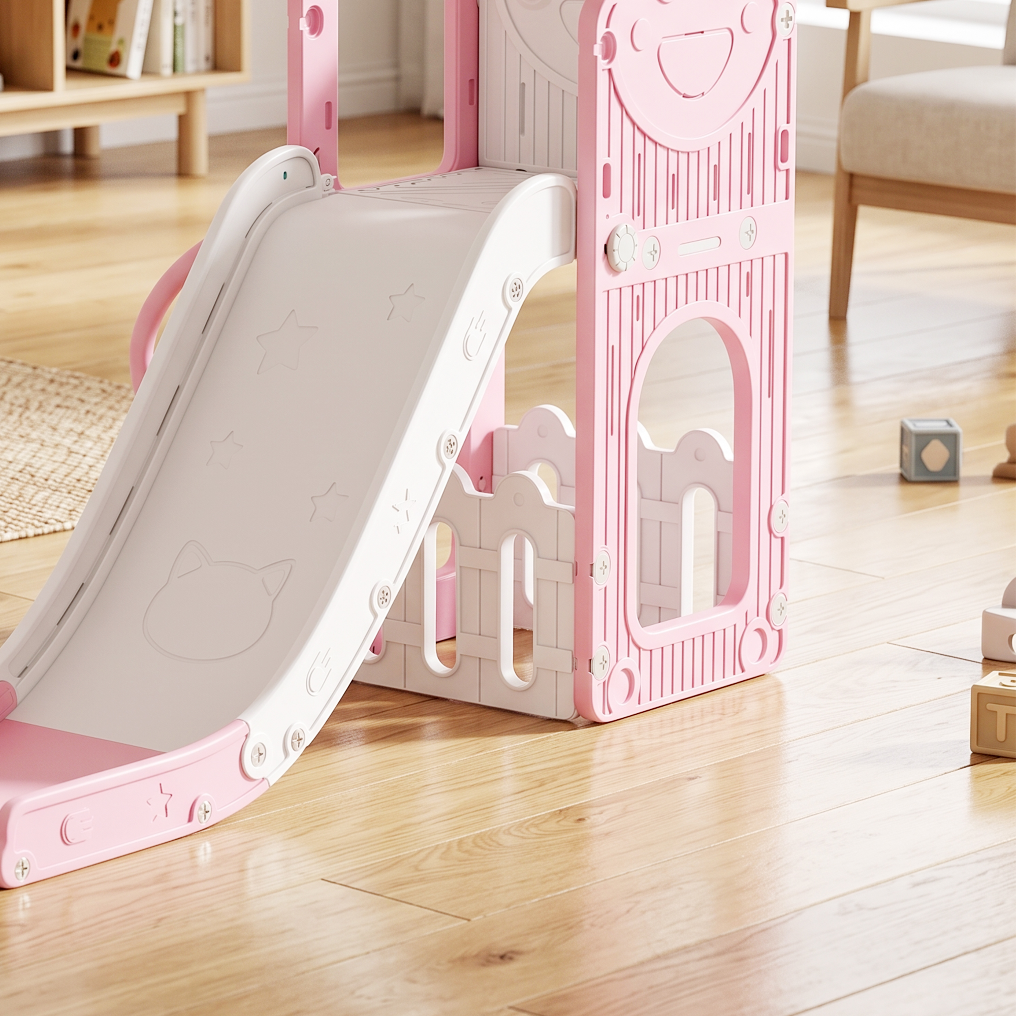 5-in-1 Kinderrutschenset, Teleskop, Basketballkorb, HDPE, Kunststoff, Rosa+Weiß