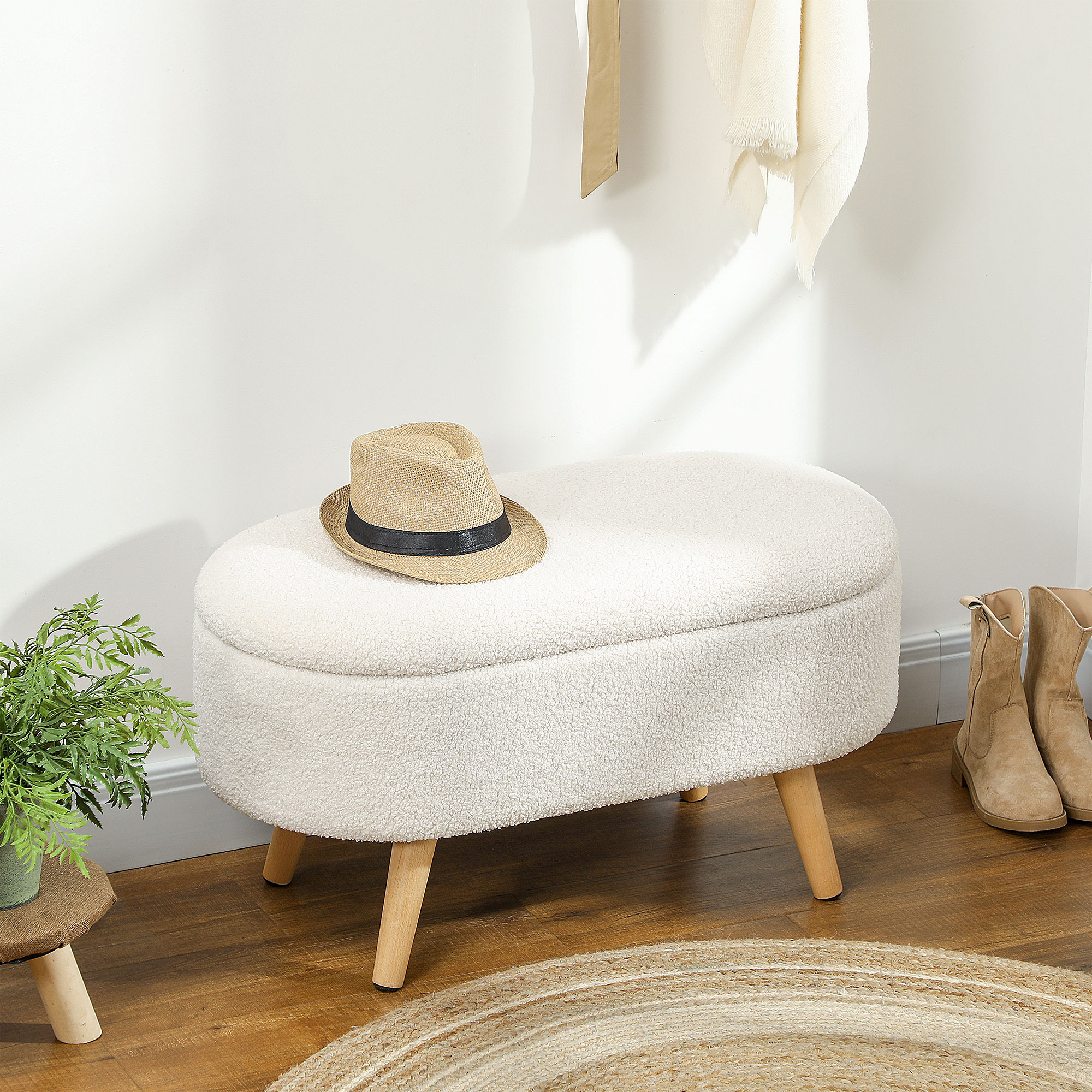 Sitzbank mit Stauraum und Deckel, Fußhocker für Flur, Wohnzimmer, Schlafzimmer, Holz, Stoffbezug, Weiß