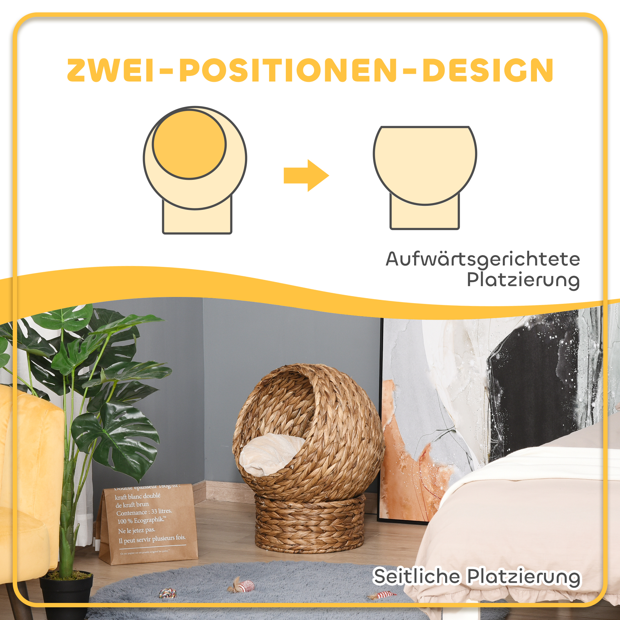 Rattan Katzenkorb Katzenhöhle Katzenhütte Katzenbett mit Kissen Haustierbett Wasserhyazinthe Braun 50 x 42 x 60 cm