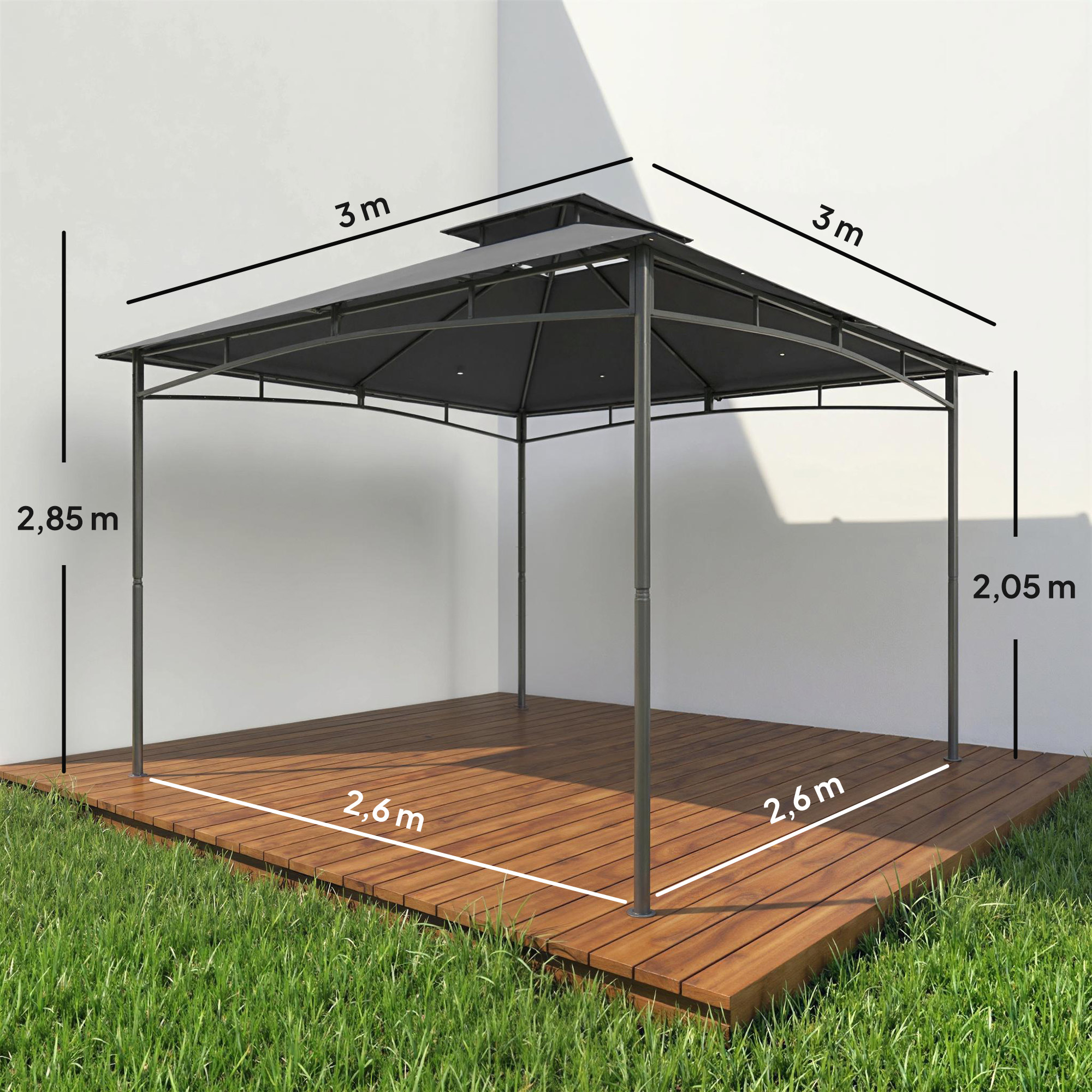 Pavillon 3x3m Wasserabweisend Stabil Winterfest Gartenpavillon mit zurückziehbar Obenrahmen Doppeldach Dunkelgrau
