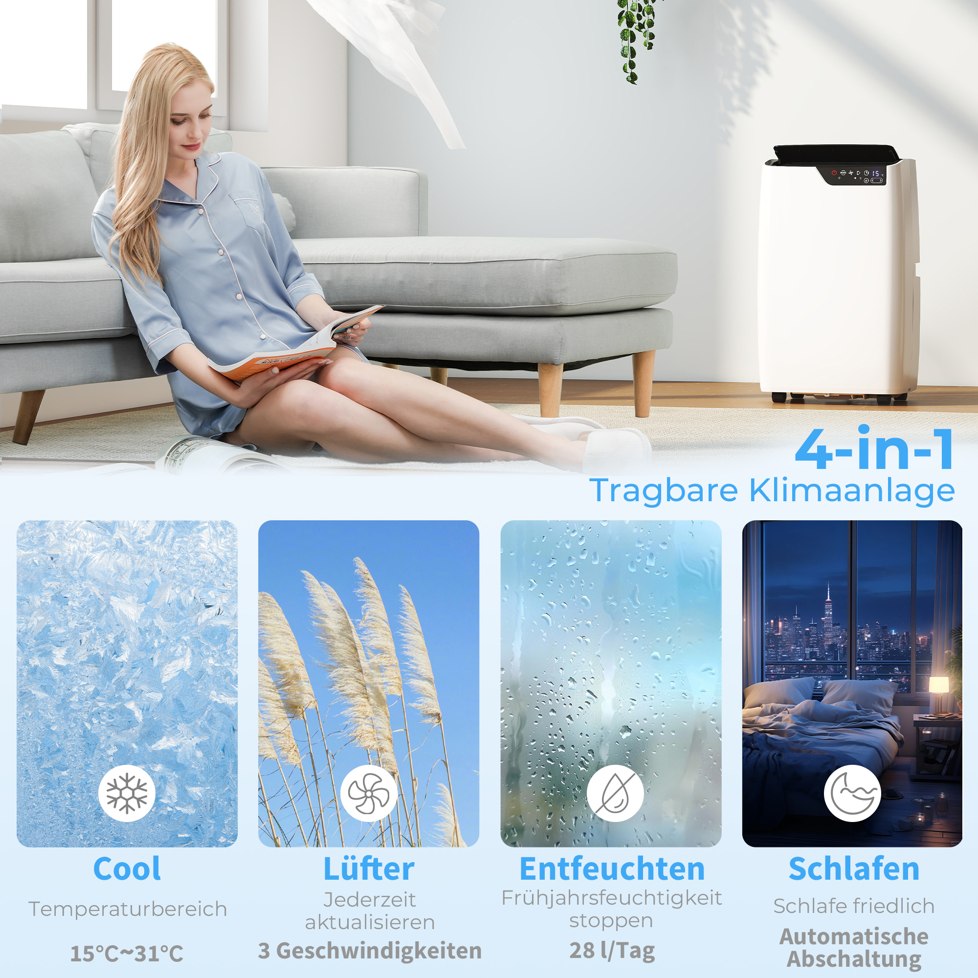 Tragbare Klimaanlage 12000 BTU, Klimagerät mit Kühl-, Entfeuchtungs-, Ventilator- , Schlafmodus, WiFi Sprachsteuerung