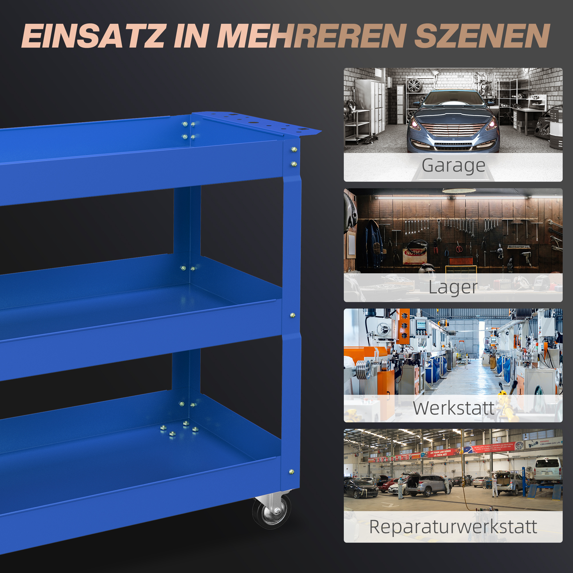3-stufiger Werkzeugwagen, 4 Rollen, Stahl, 83B x 35,3T x 76H cm, Blau