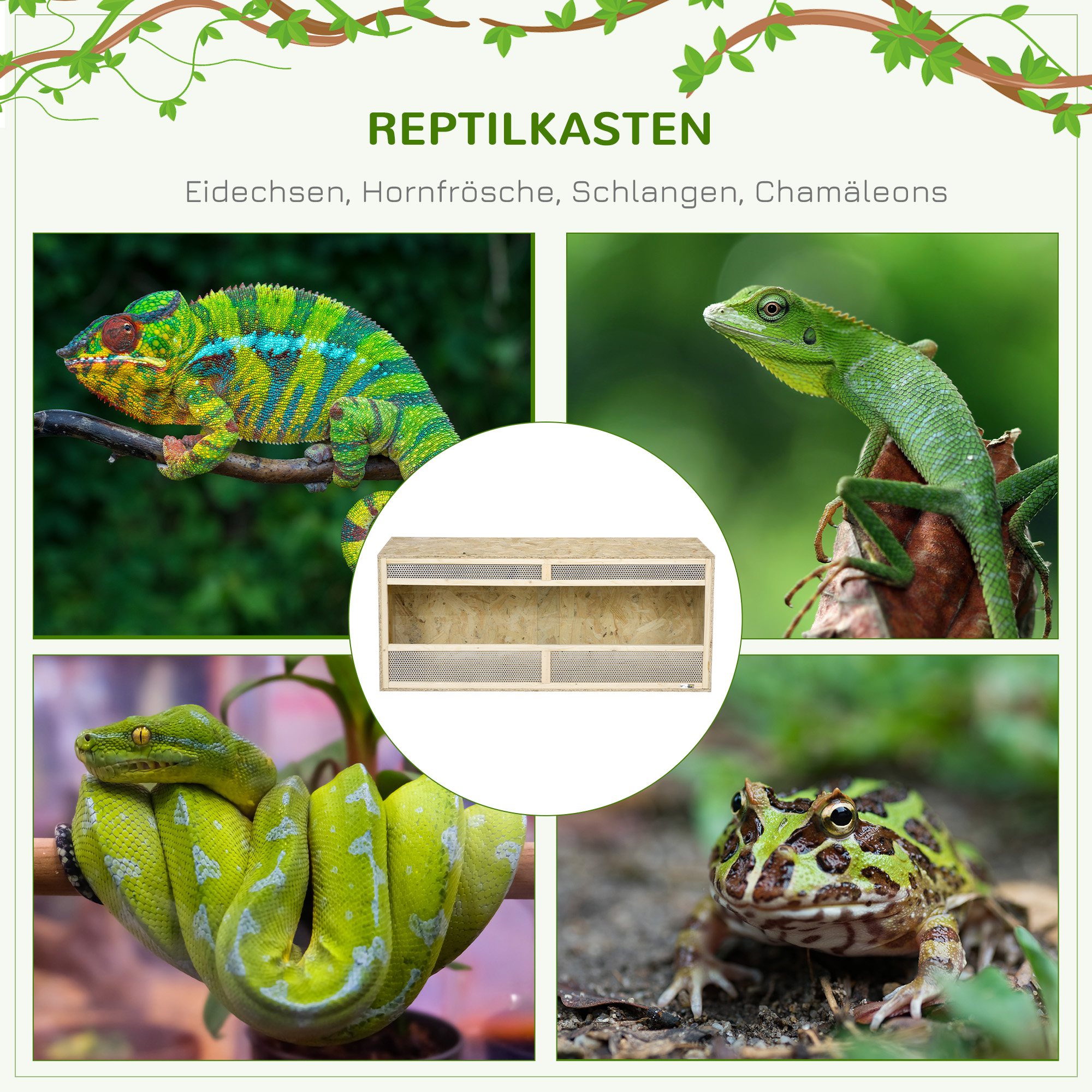 Terrarium für Reptilien/Amphibien, Glasschiebetüren, Lüftungsgitter, 120x50x50cm
