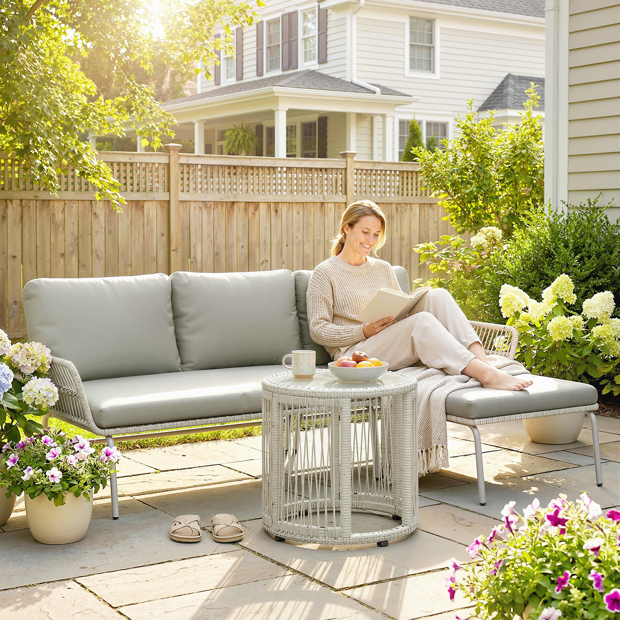 Polyrattan Gartenmöbel Set 3-teilig mit Sonnenliege Zweisitzersofa Couchtisch abnehmbar Kissen Hellgrau