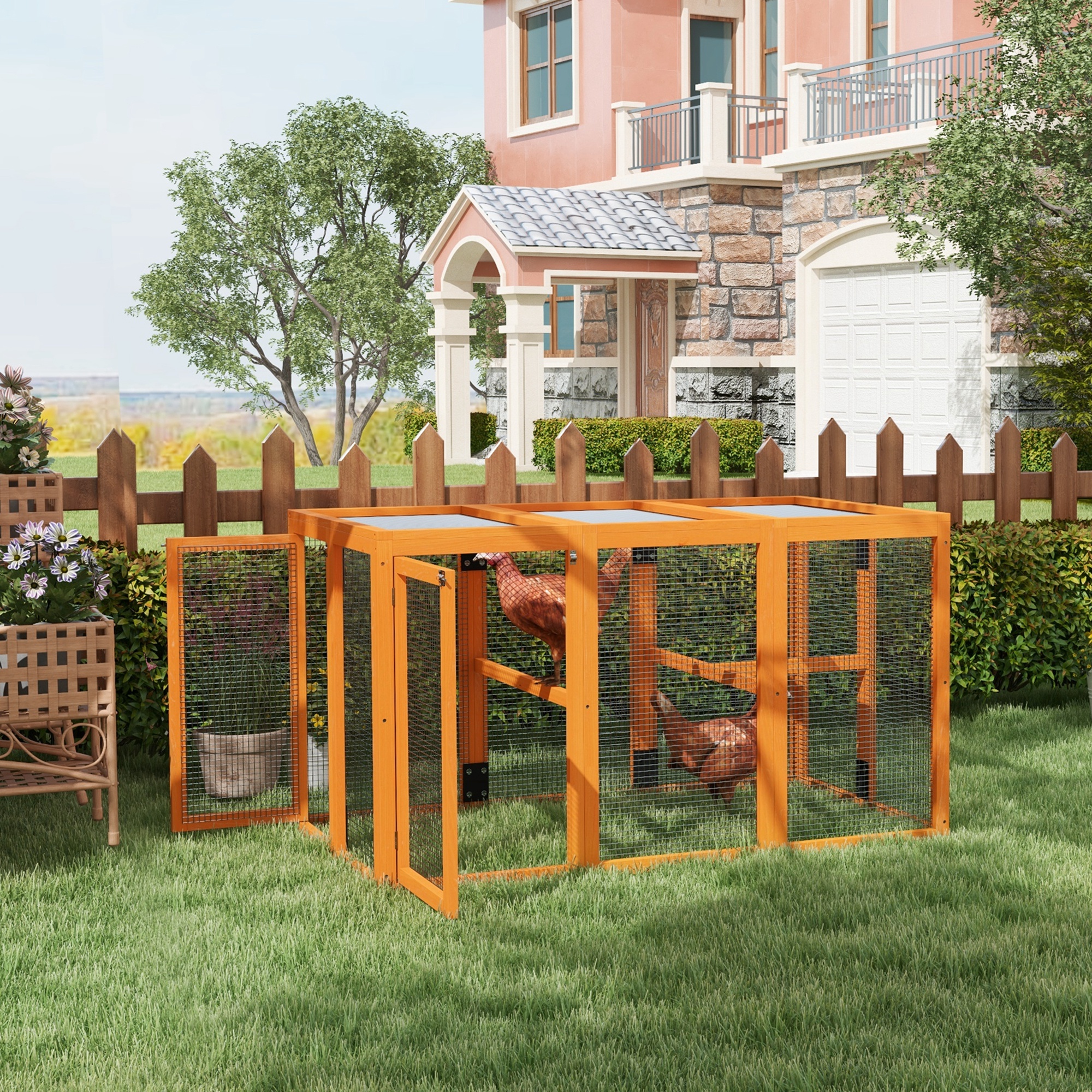 Hühnerstall für 1-3 Hühner, Holzrahmen, Stahldraht, erweiterbares Design, Holzsitzstangen, Orange