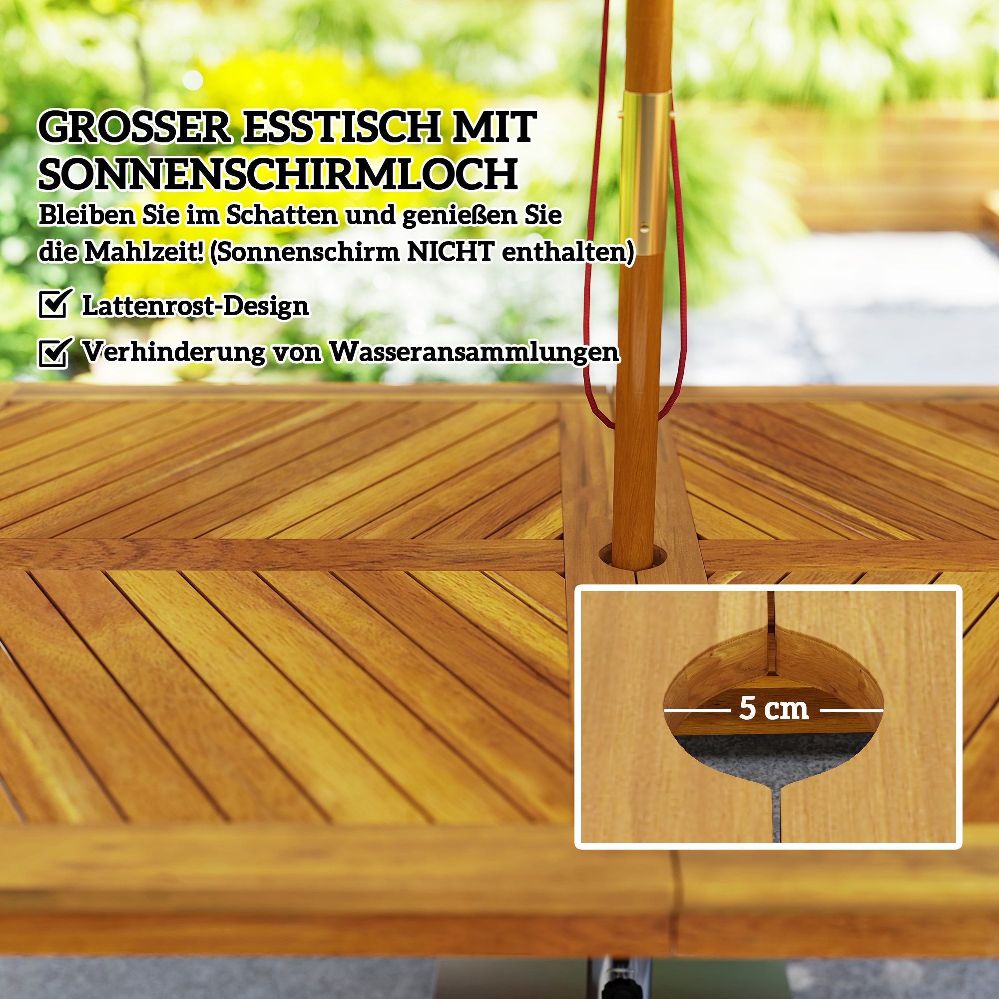 3 tlg, Gartenmöbel-Set, Sitzgarnitur inkl, 1 Esstisch mit Schirmloch, 2 Bänke 150 x 85 x 75 cm Teak