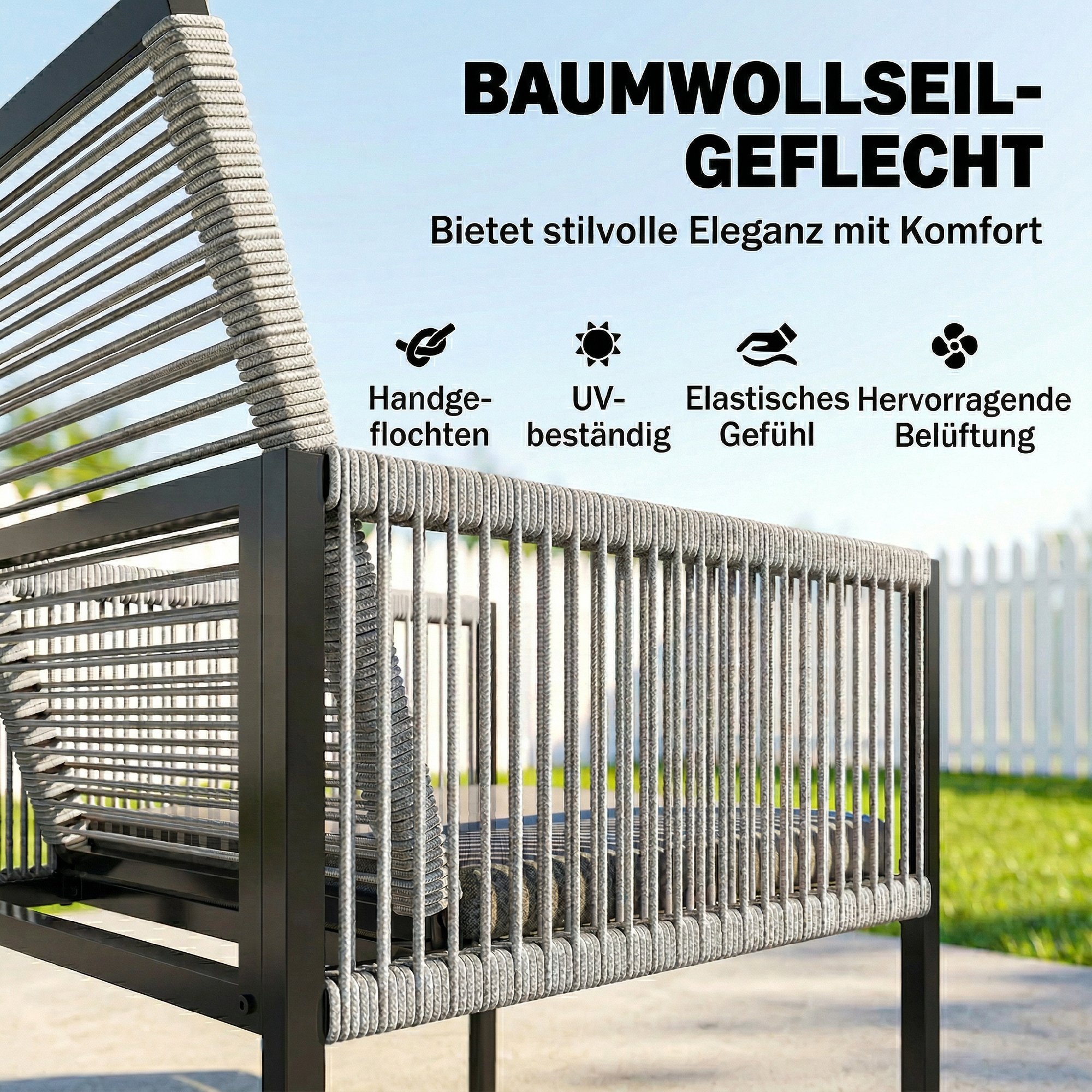 Gartenmöbel Set Sitzgruppe 5-teilig Glastisch mit 4 Atmungsaktiven Stühlen klappbar Rückenlehne Seilflecht