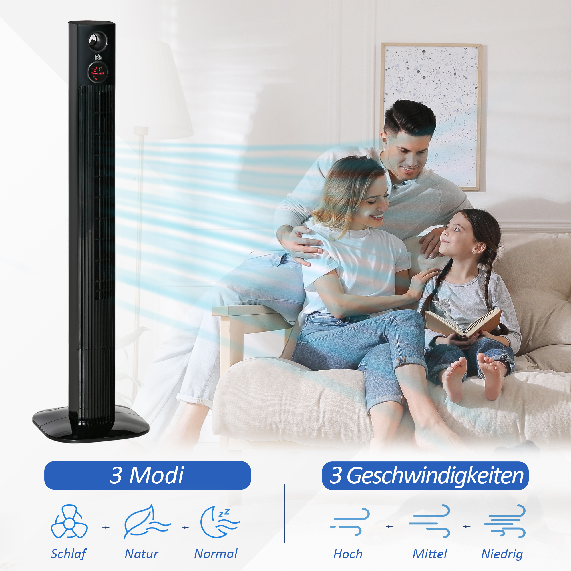 Turmventilator mit Fernbedienung 45W 70° Oszillation Säulenventilator Ventilator mit Aroma-Diffusor Timer-Funktion 3 Belüftungsstufen Schwarz