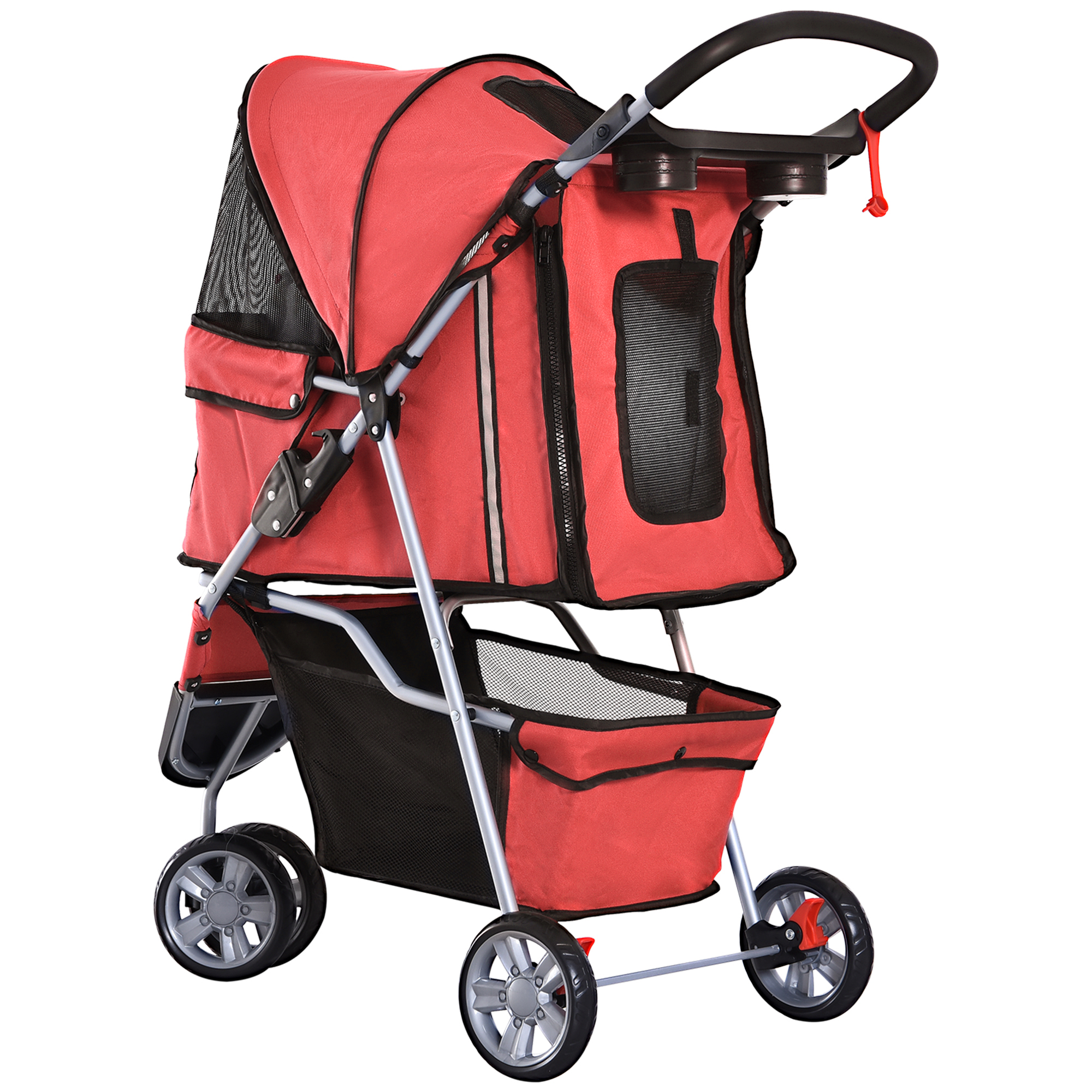 Hundewagen Hundebuggy bis 10 kg Klappbar Bodenkorb 2 Becherhalter verstellbares Vordach Rot