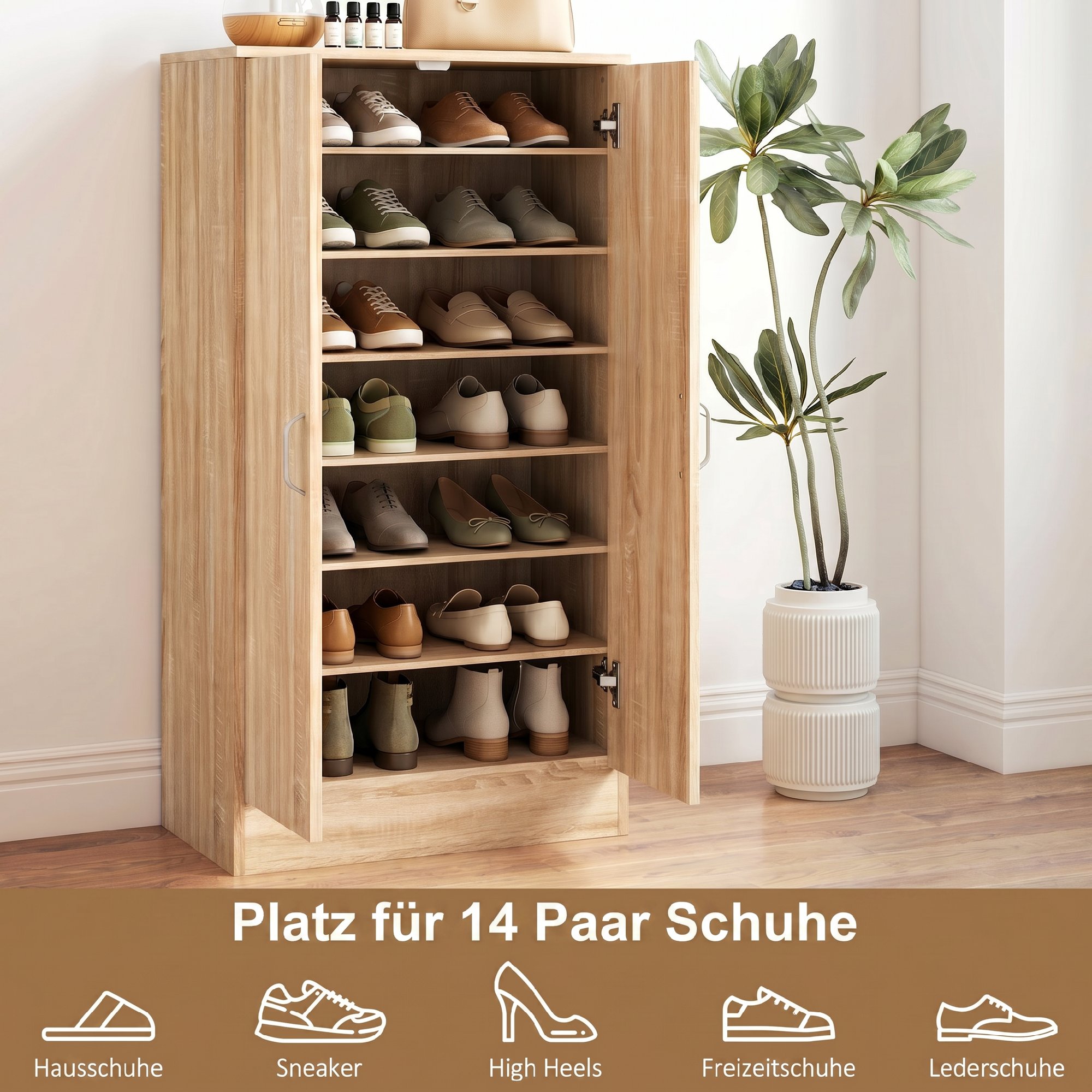 Schuhschrank mit 2 Türen, 6 verstellbare Regalböden, Soft-Close-Scharniere für 14 Paar Schuhe, Naturholz