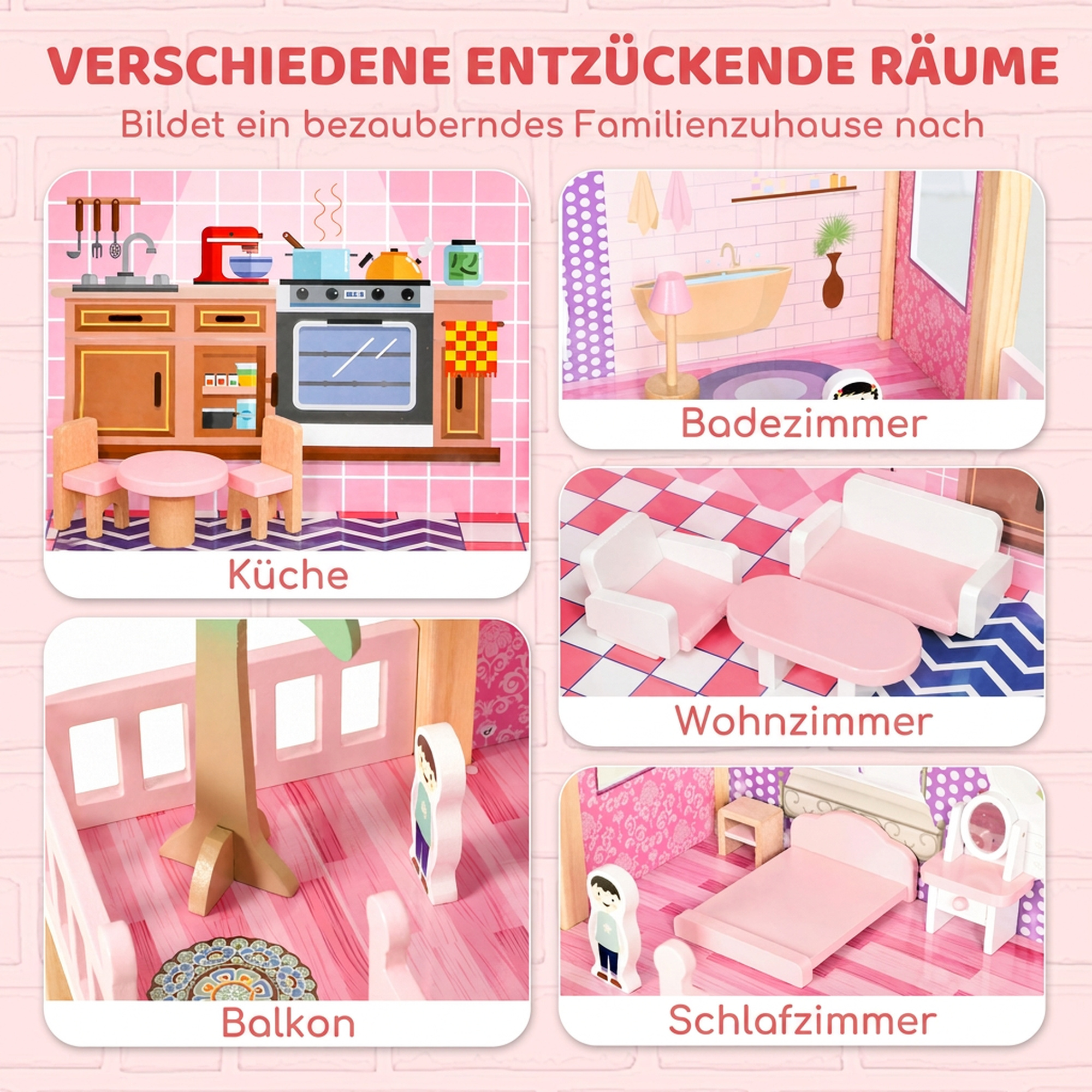 Puppenhaus 69 cm Hoch 2-stöckig mit 2 Puppen 11 Möbeln Leiter Balkon Groß für Mädchen von 3-6 Jahren Rosa