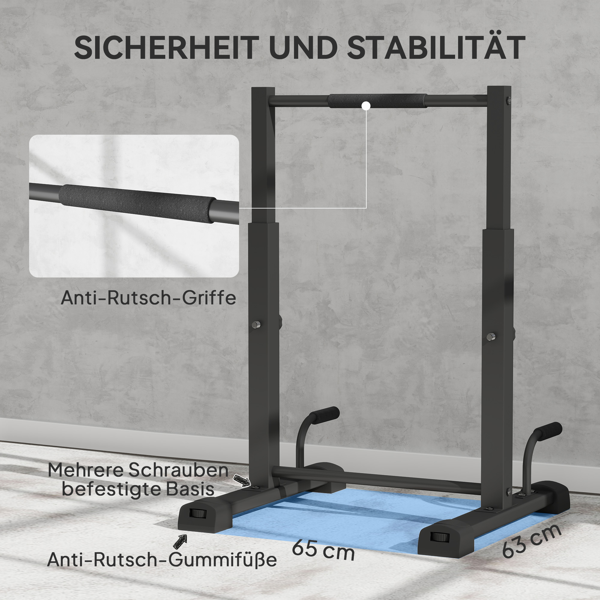 Dip-Station, Liegestütz-Ständer, 93-117 cm höhenverstellbar, 540 kg Belastbarkeit, Ganzkörper-Training, Schwarz