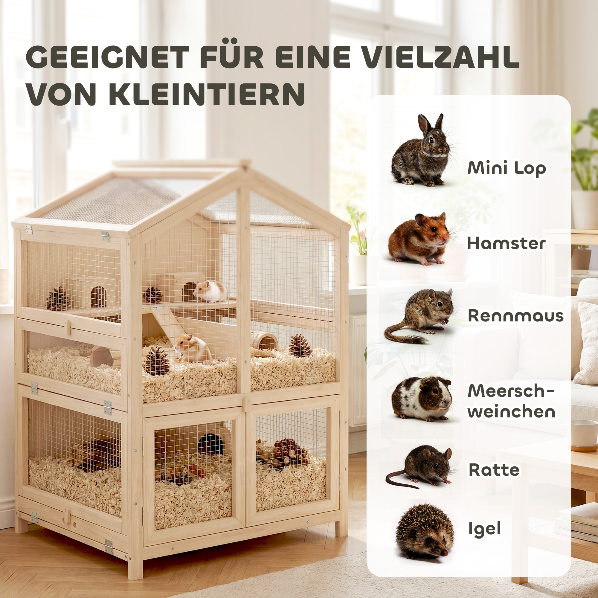 Hamsterkäfig aus Holz 3 Etagen Nagerkäfig Kleintierkäfig mit Hütten Wippen Rampen Wasserschalen 68x61,5x90 cm Naturholz