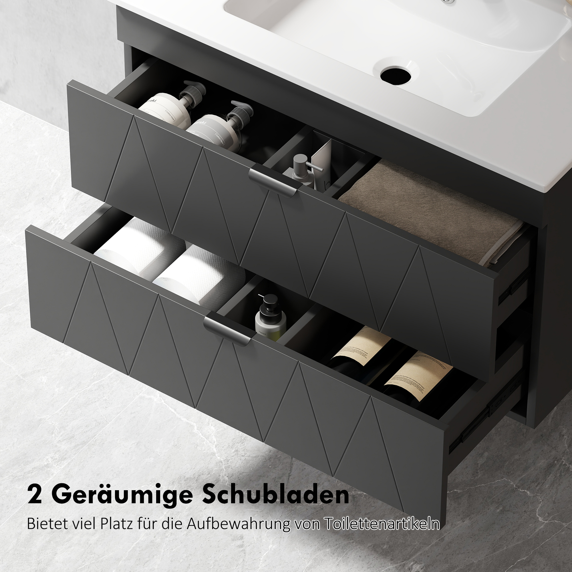 Waschbeckenunterschrank Hängender Unterschrank mit Keramikwaschbecken Soft-Close-Schubladen Schwarz
