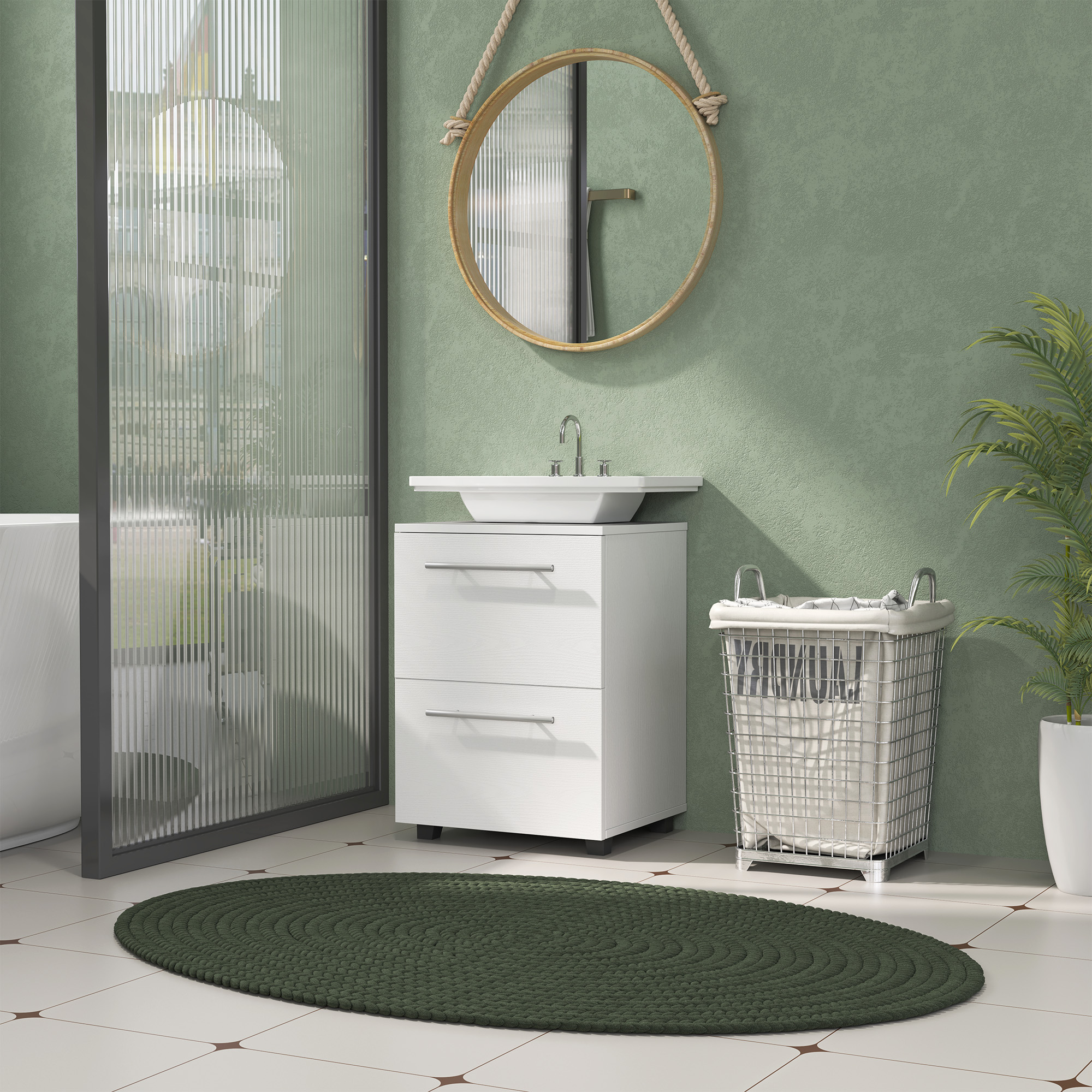 Badezimmerschrank, Waschbecken-Kommode mit Schublade, kompakt, Spanplatte, Weiß