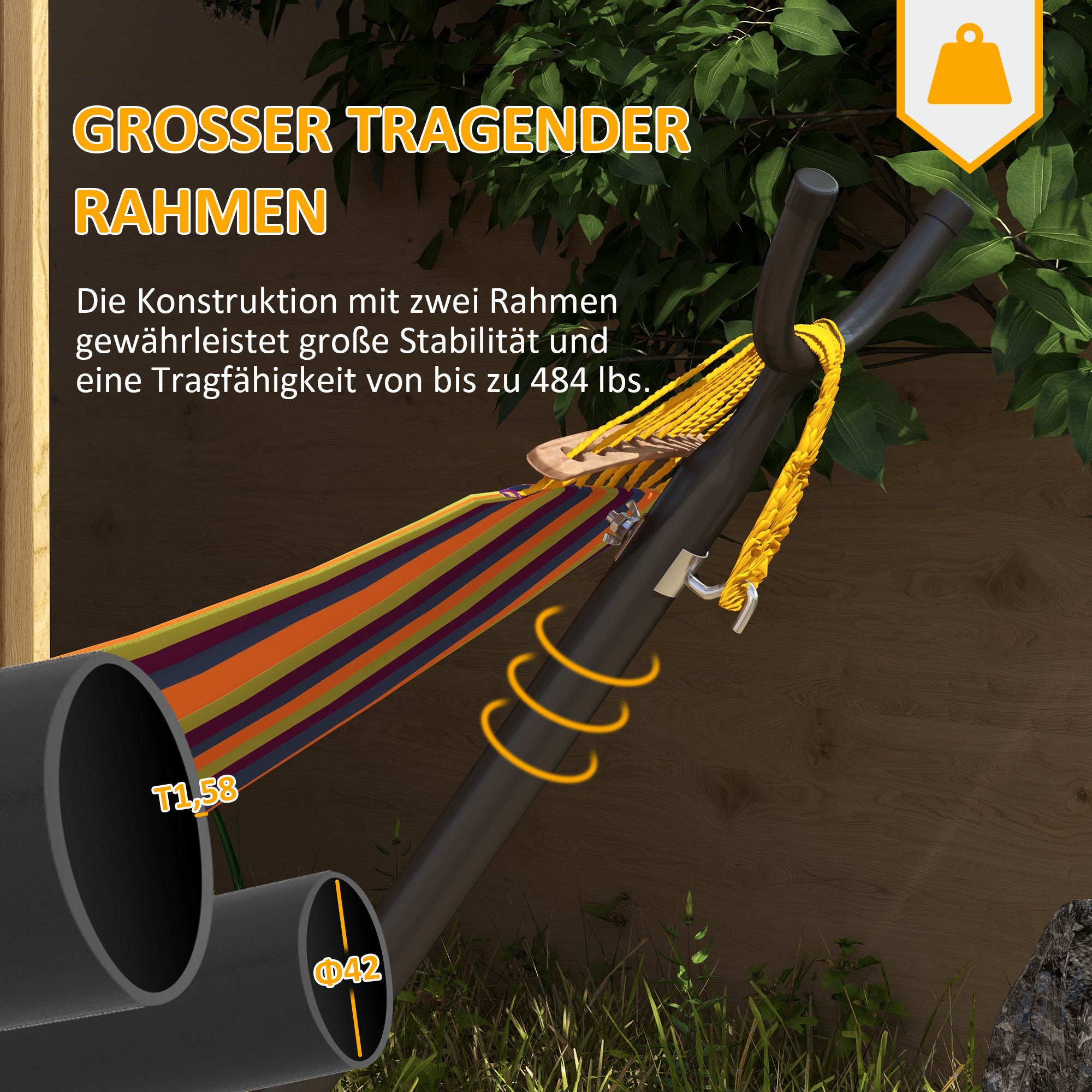 Hängemattenständer Hängemattengestell, wetterbeständig, größenverstellbar, 290 cm x 120 cm x 115 cm, Schwarz