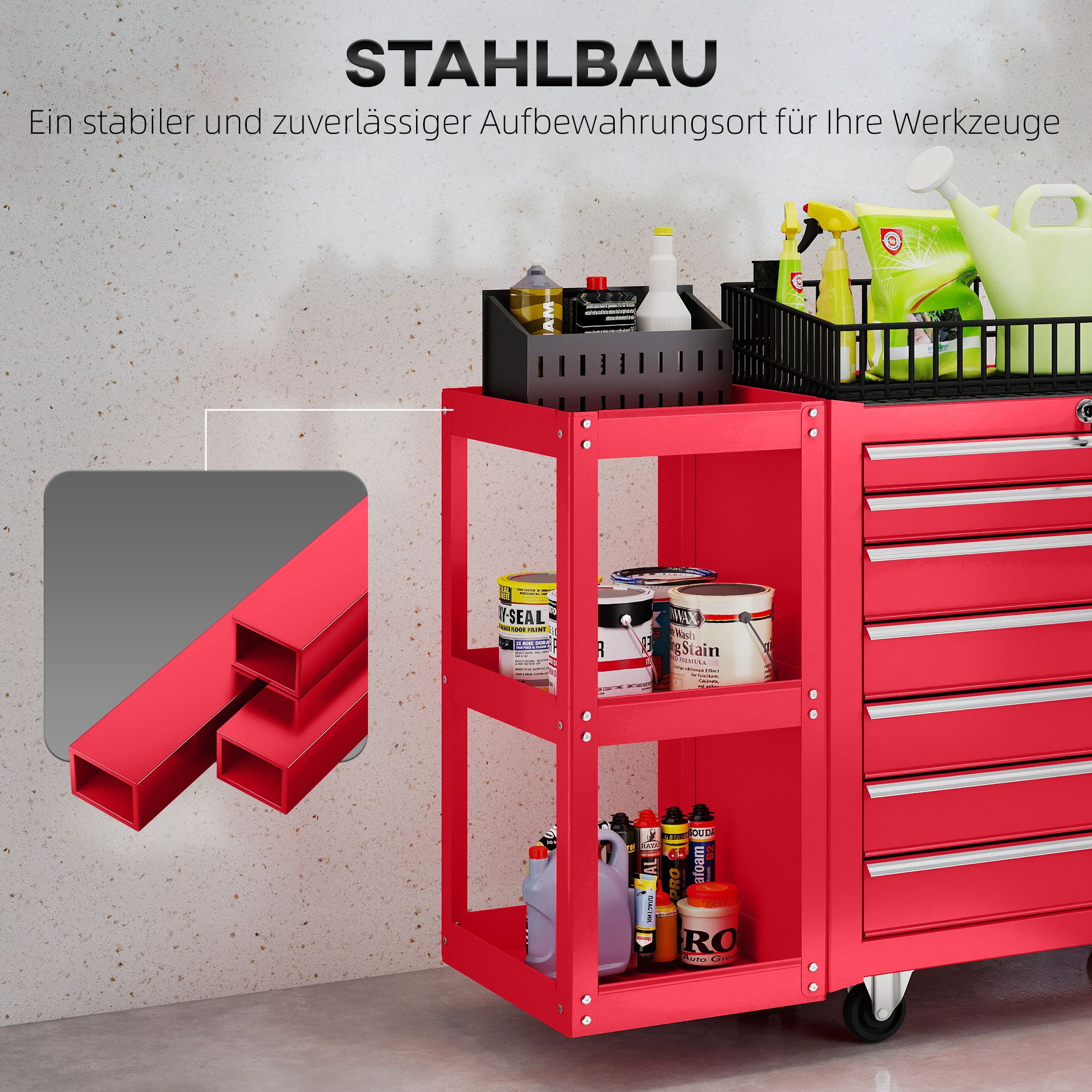 Werkstattwagen Werkzeugwagen mit 7 Schubladen abnehmbar Seitenregal 4 Rollen mit Feststellbremse, 96x33,5x75cm, Rot