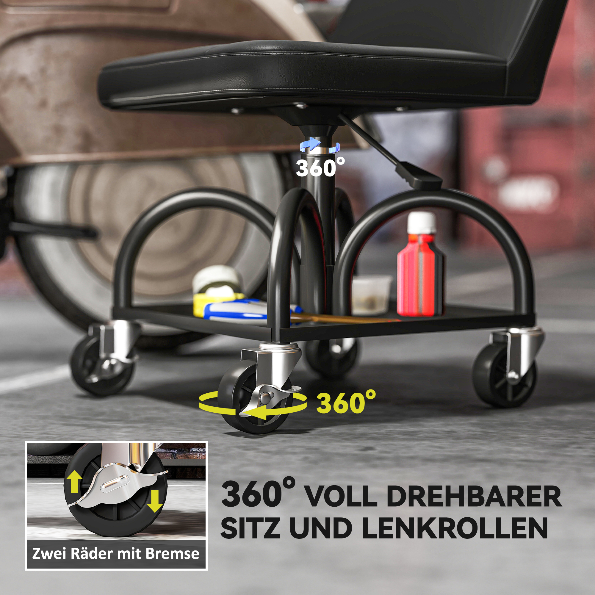Werkstatthocker mit Rollen Ablagefläche, 58,5 cm hoch Rollhocker bis 135 kg belastbar Schwarz