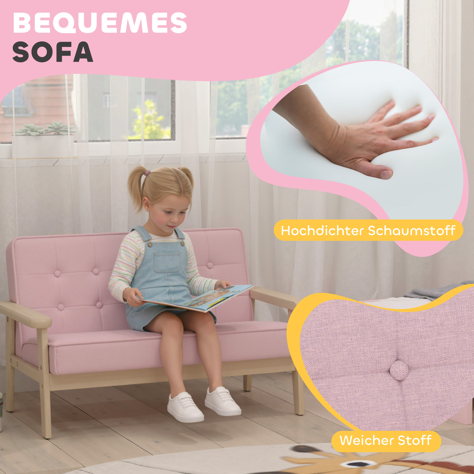 Kindersessel, Kindersofa mit Holzrahmen, Samtoptik, gepolstert, für Kinder von 3-15 Jahren Rosa