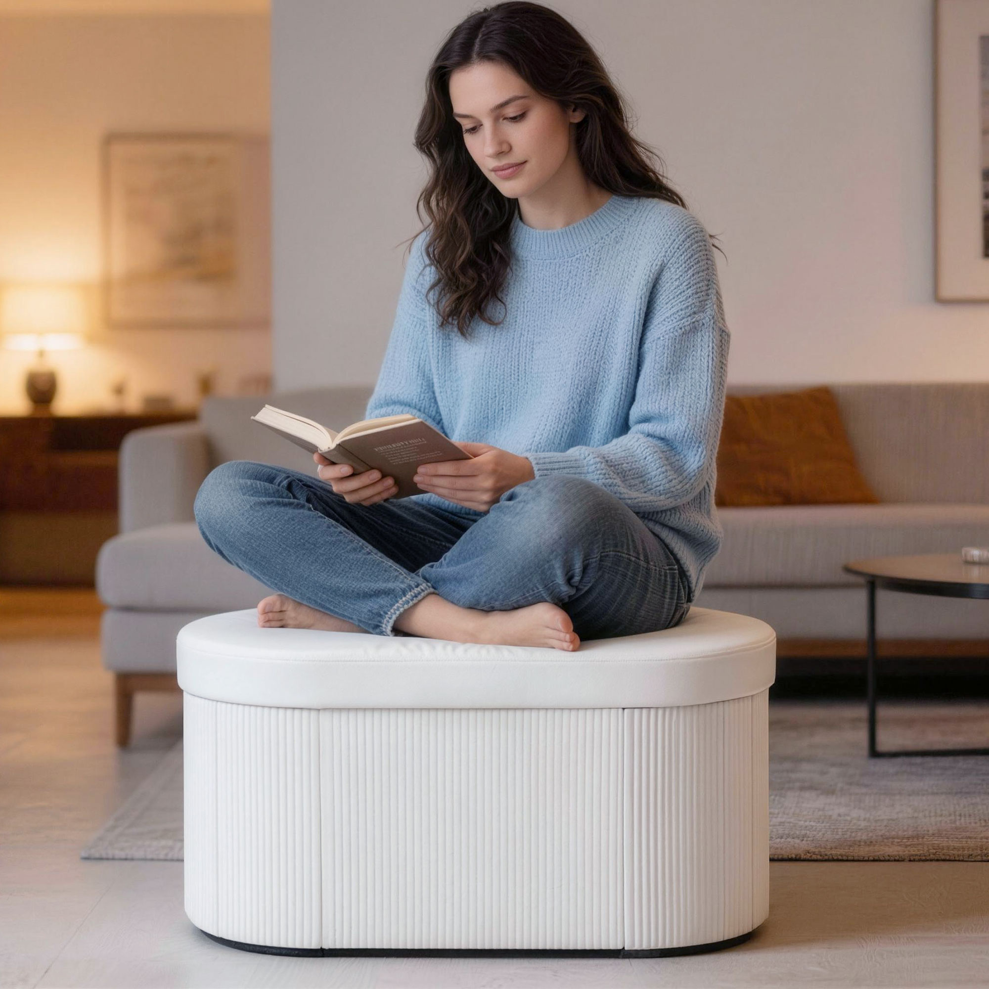 Sitzbank mit Stauraum Klappbar Polsterbank mit Samt-Optik für Wohnzimmer 76 x 38 x 35 cm Creme
