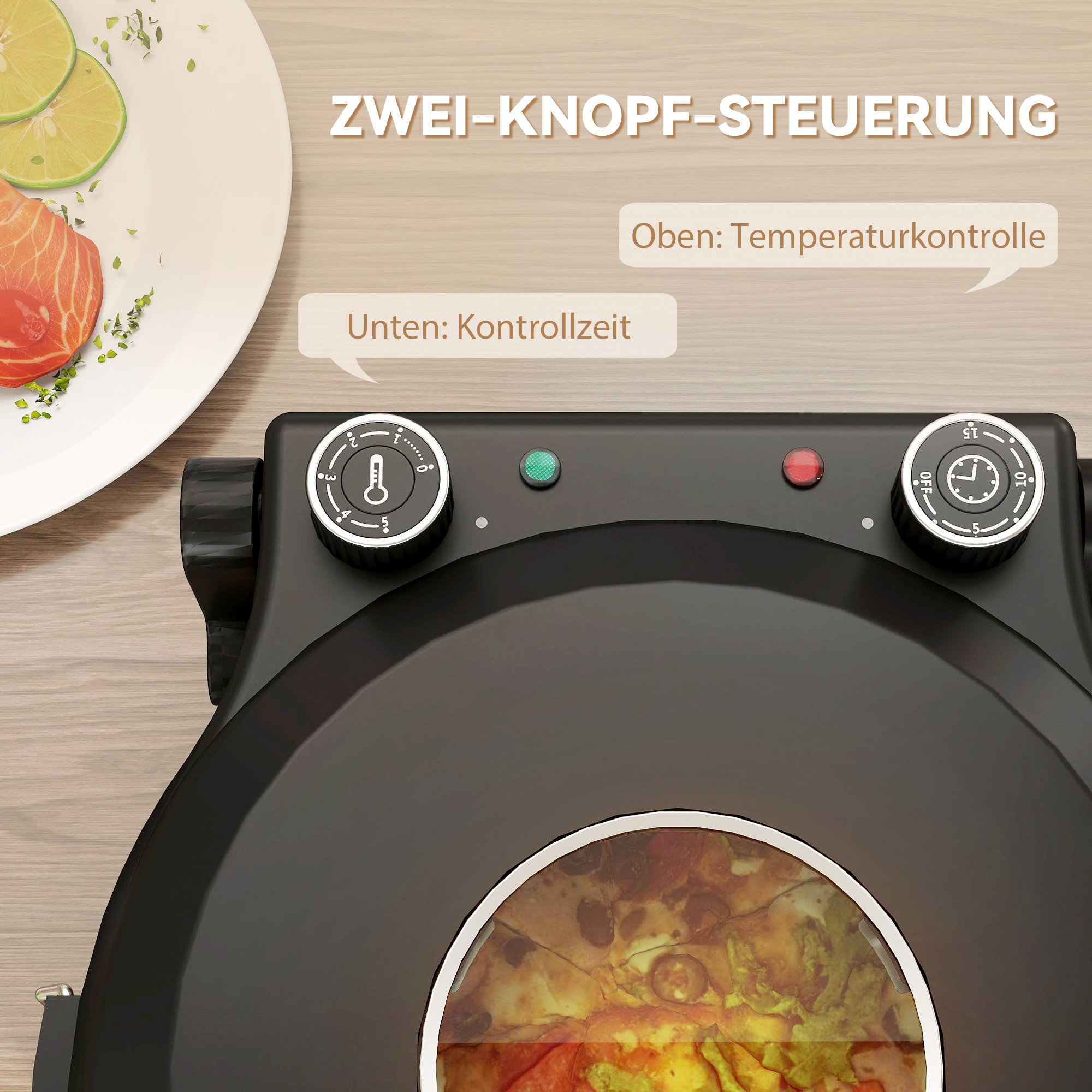 Pizzaofen elektrisch 430 ?, 1200 Watt Pizzabäcker mit 30cm Steinplatte Timer Sichtfenster Edelstahl Schwarz