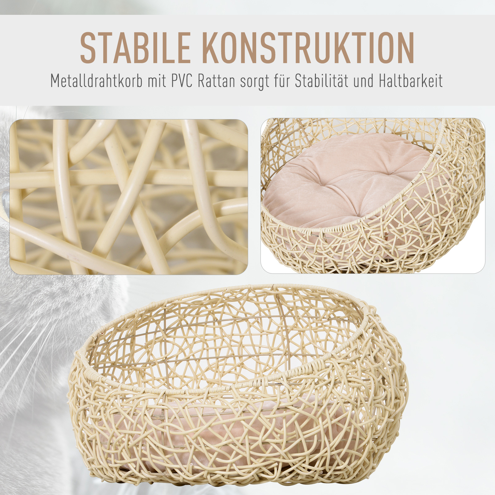 Katzenbett aus Rattan Katzenhöhle mit Kissen Katzenkorb Hundebett Katzenschlafplatz Hundehütte Tierbett für Katzen Hunde Beige Ø56 x 35 cm