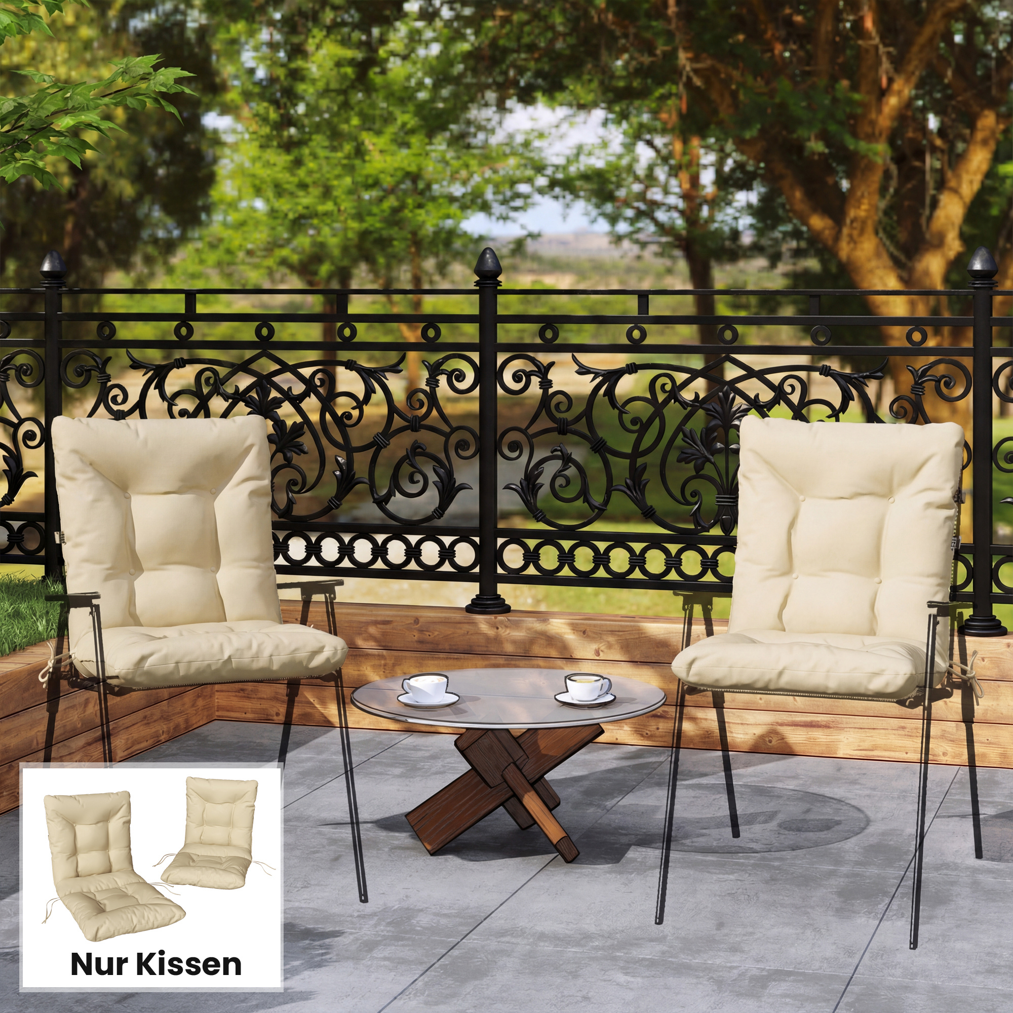Outdoor-Sitzkissen mit Rückenlehne und Bändern, wasserabweisende Polster für drinnen und draußen, Beige
