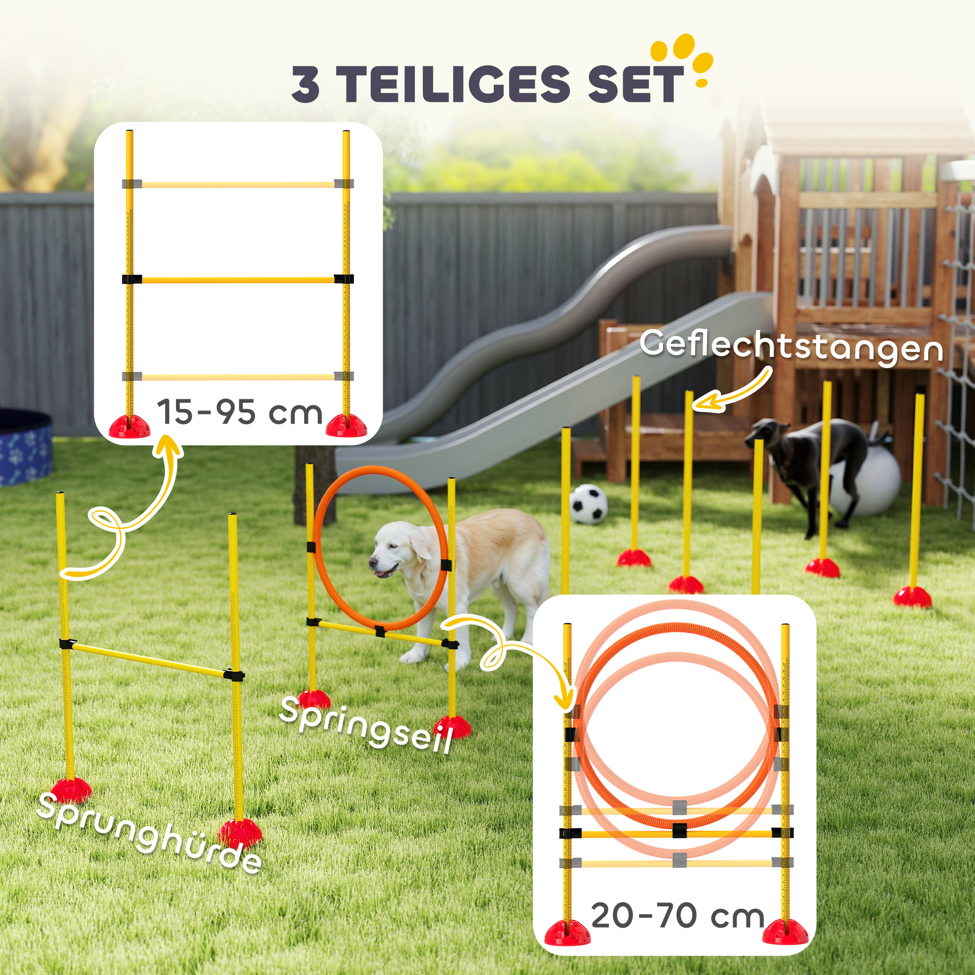 Agility Set Hunde 3-teiliges befüllbar Agility-Ausrüstung für Hundetraining Steckhürdenset mit Slalomstangen
