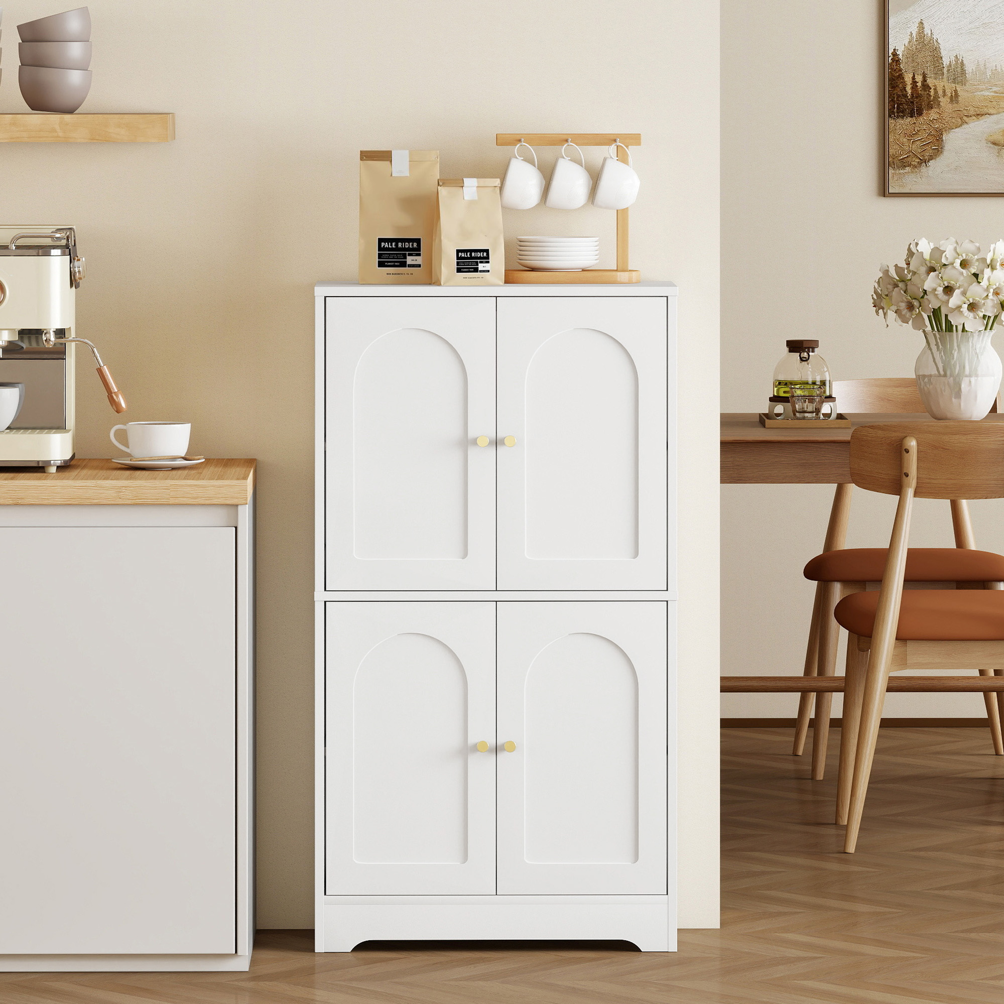 Küchenschrank, Hochschrank mit 2 verstellbaren Regalböden, Küchenbuffet mit 4 gewölbten Türen 60 x 30 x 110 cm, Weiß