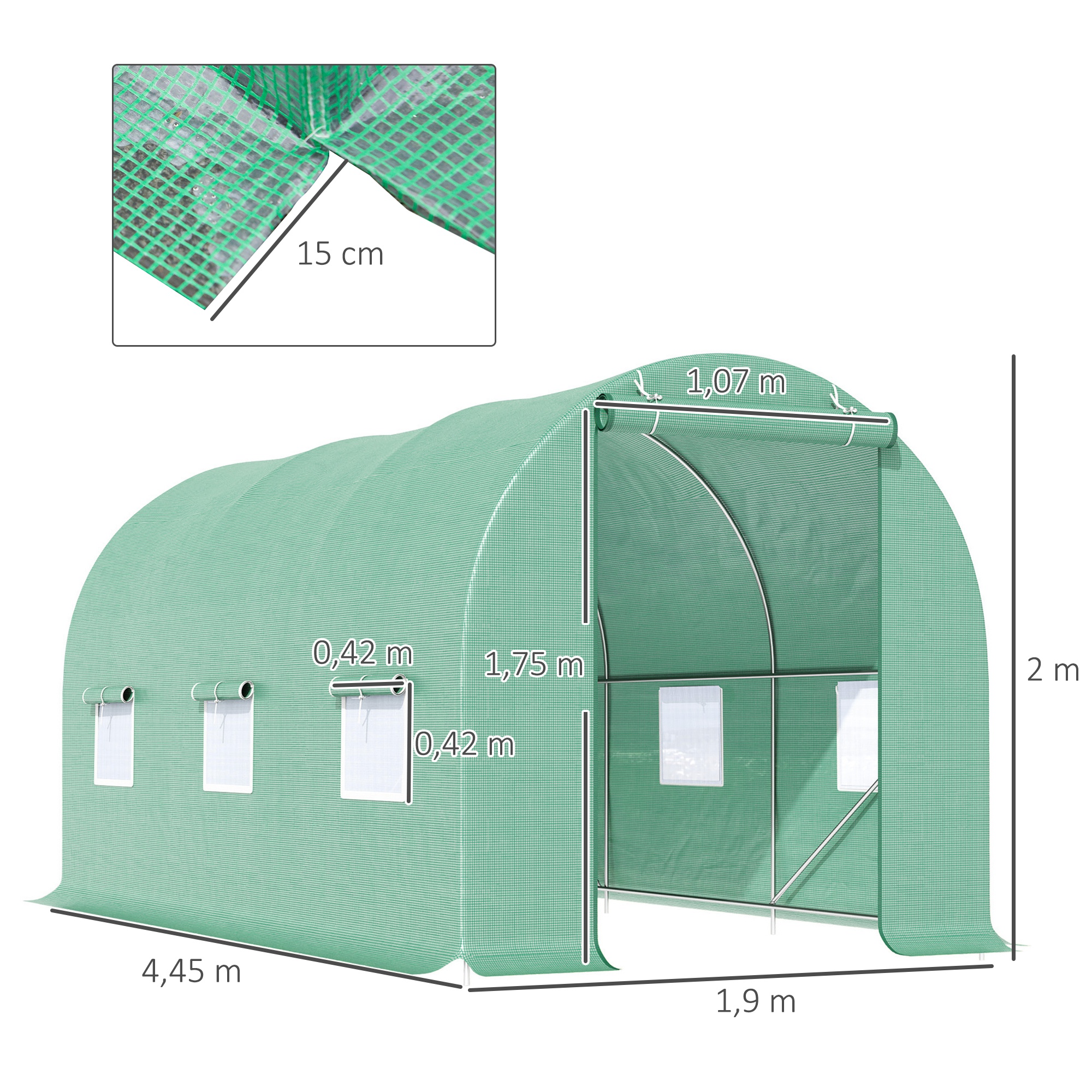 Gewächshaus 445x190x200cm Foliengewächshaus Tomatenhaus Tür mit Moskitonetz, Fenster, Folientunnel aus verzinktem Stahl, stabiles Pflanztunnel, Treibhaus inkl. Erdanker Seilen, Grün