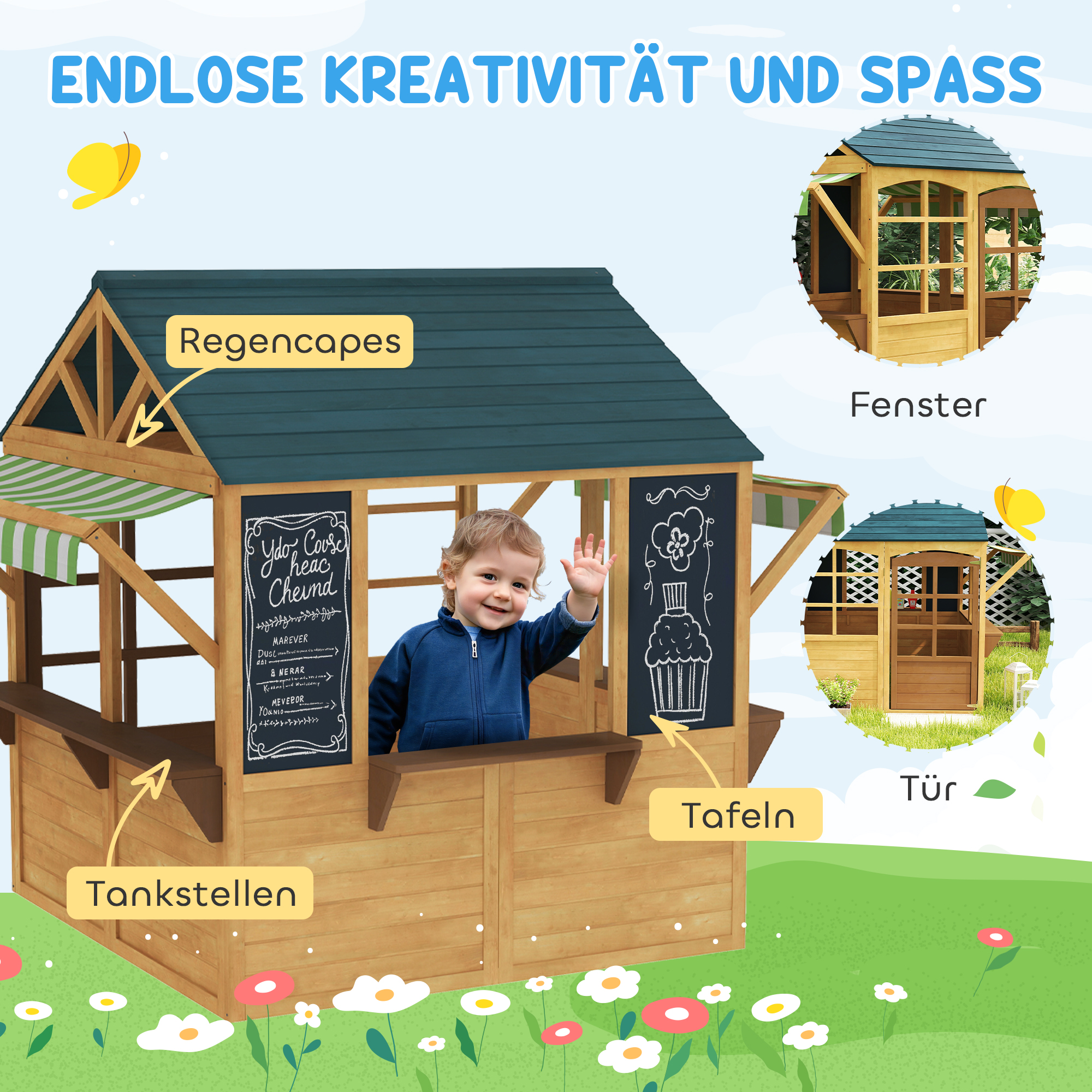 Kinderspielhaus aus Tannenholz, Faltbares Häuschen mit Fenstern, Tür, für Kinder im Alter von 3-8 Jahren, Braun+Blau
