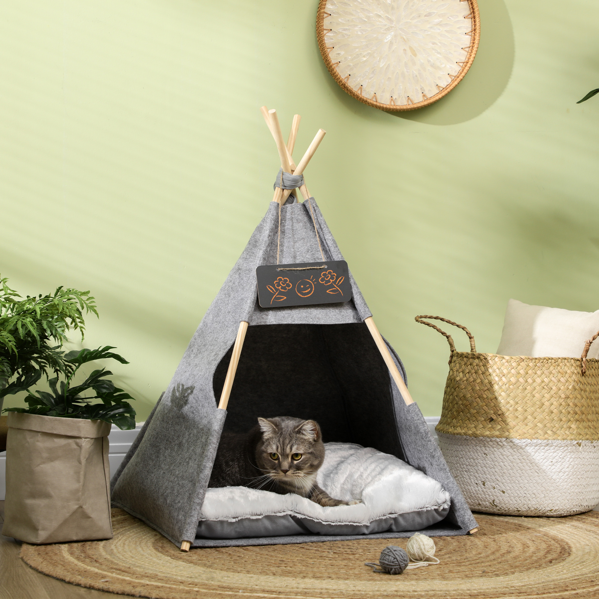 Haustierzelt Katzenhaus Hundezelt Katzenbett Katzenzelt mit weichem Kissen Plüsch Filz maschinenwaschbar Grau 58 x 58 x 80 cm