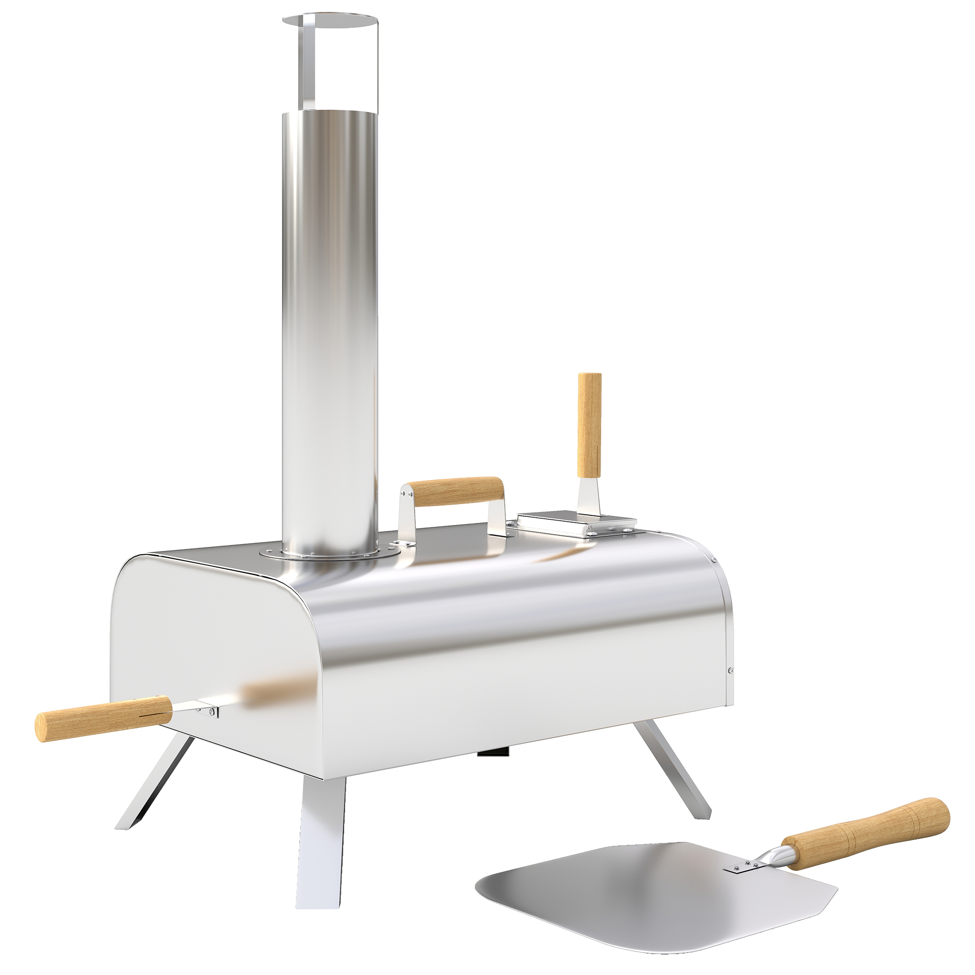 Outdoor-Pizzaofen, Tragbarer Pizza-Ofen mit Pizzastein und Schaufel, klappbare Beine, Schornstein, Edelstahl