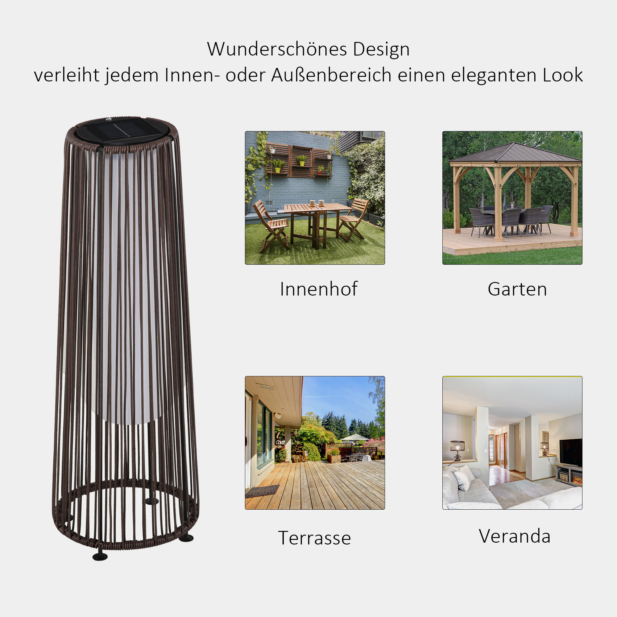 Gartenleuchte, Außenlampe, solarbetrieben, 8 Stunden Betrieb, Automatikmodus, Rattanoptik, 21,5 x 21,5 x 61 cm