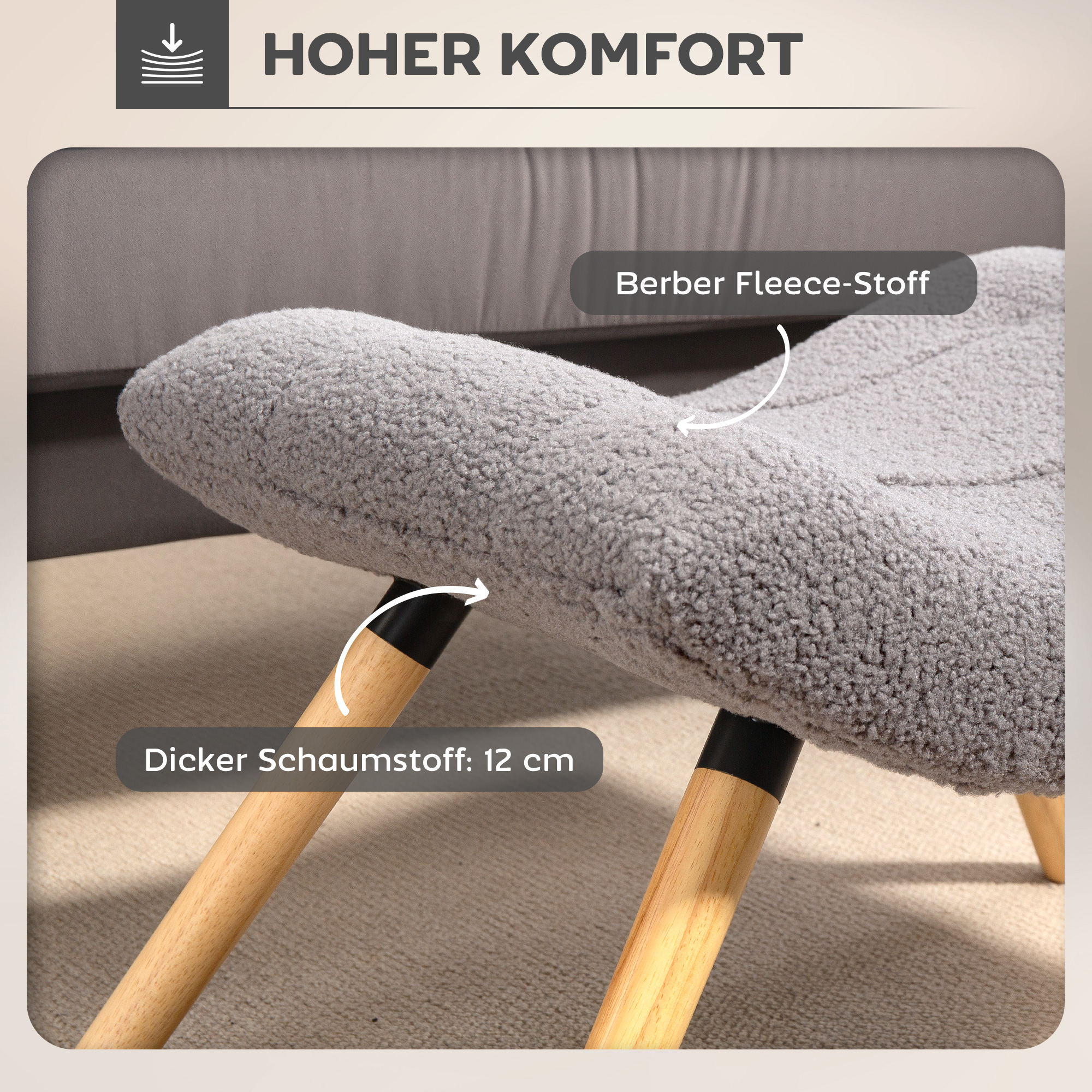 Moderner Fußhocker mit Fleece-Bezug und Holzbeinen, gepolstert, für Wohnzimmer, Schlafzimmer, Flur, Hellgrau