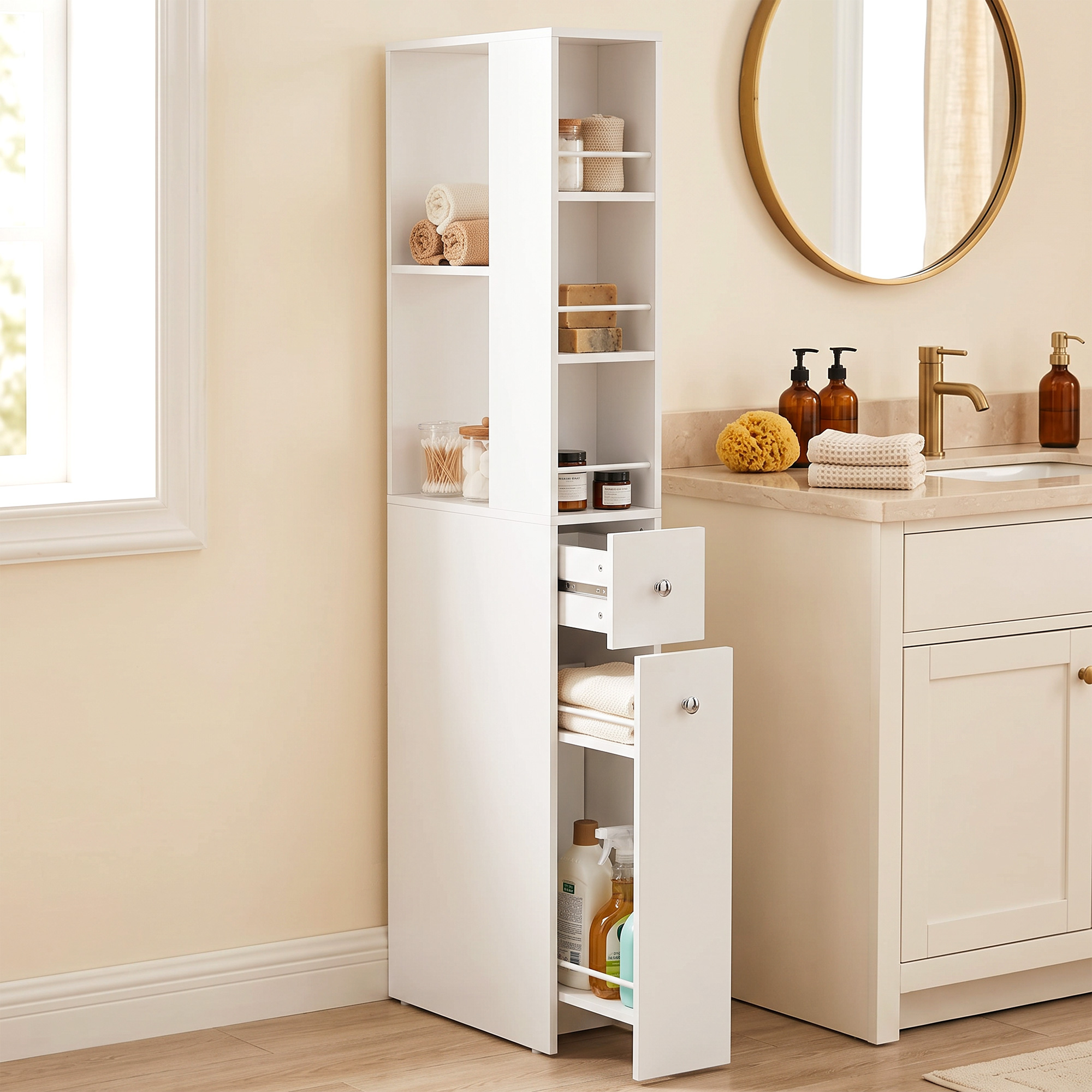 Schmaler hoher Badezimmerschrank, 135 cm Badschrank mit 2 Schubladen, weiß