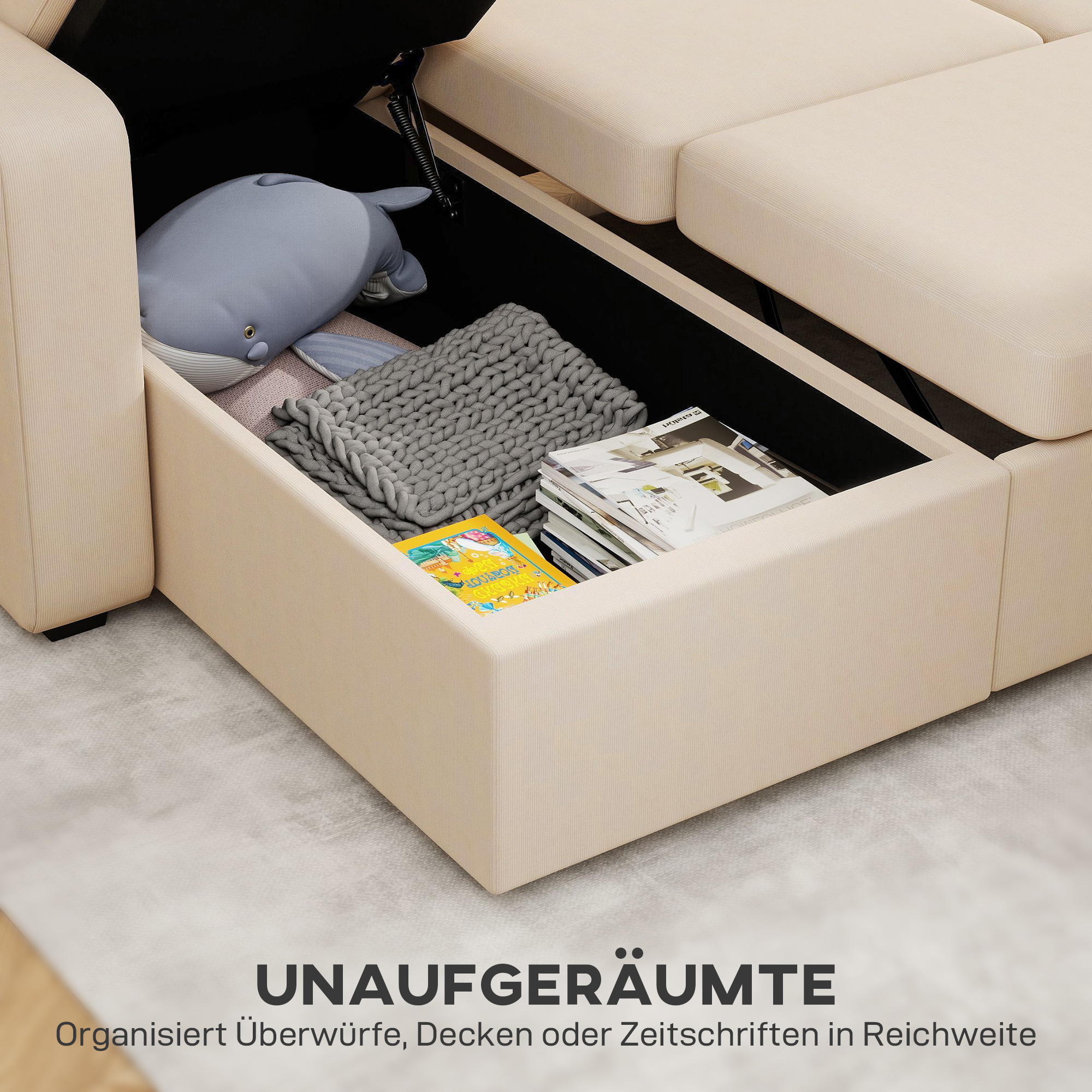 Verstellbares Bettsofa, L-förmiges Gästesofa mit Bettfunktion, Stauraum, Kissen, für Wohnzimmer, Gästezimmer, Beige