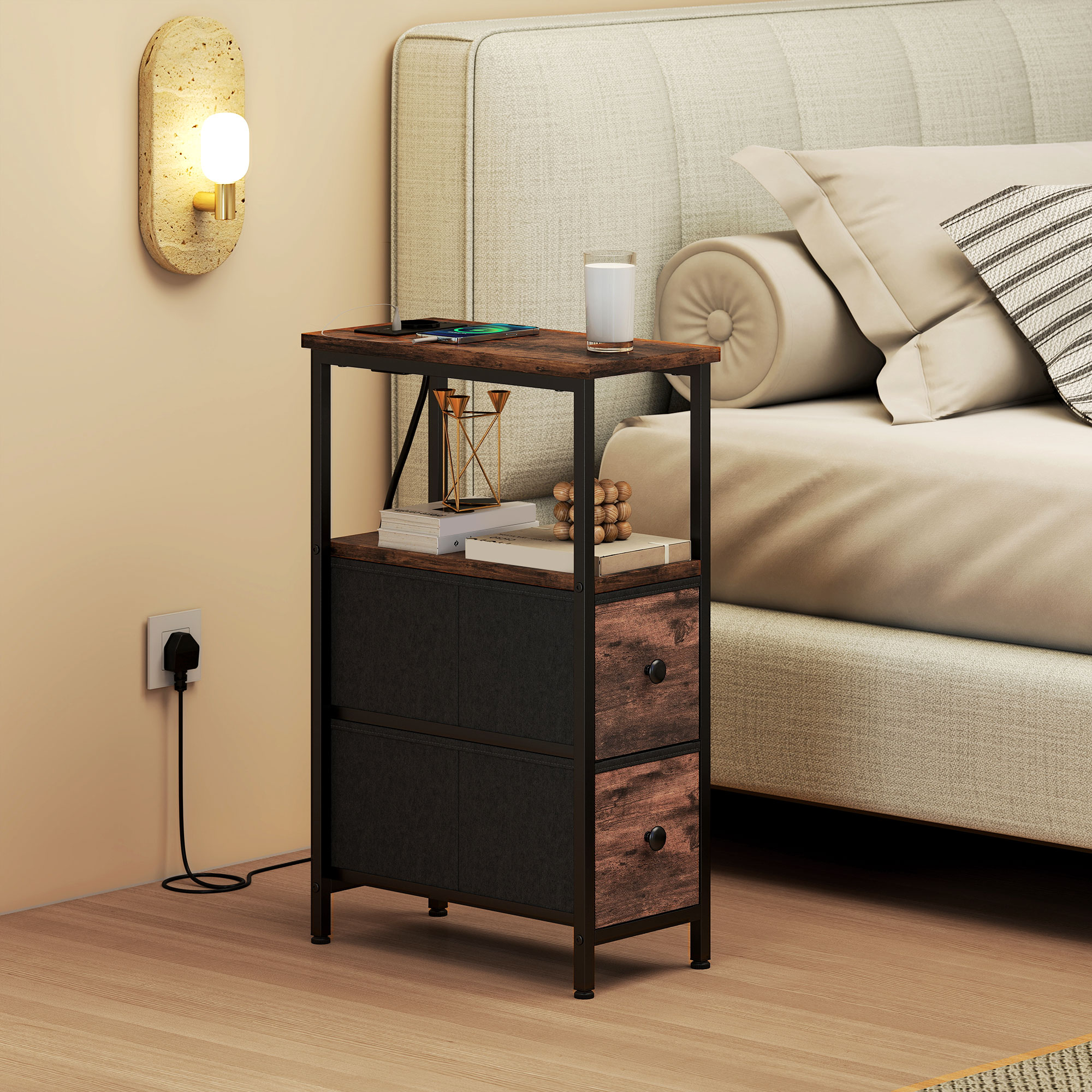 Couchtisch Beistelltisch mit Ladestation, Stahlrahmen, 2 Stoffschublade, offen Fach, 20cm x 40cm x 63cm, Rustikal-Braun