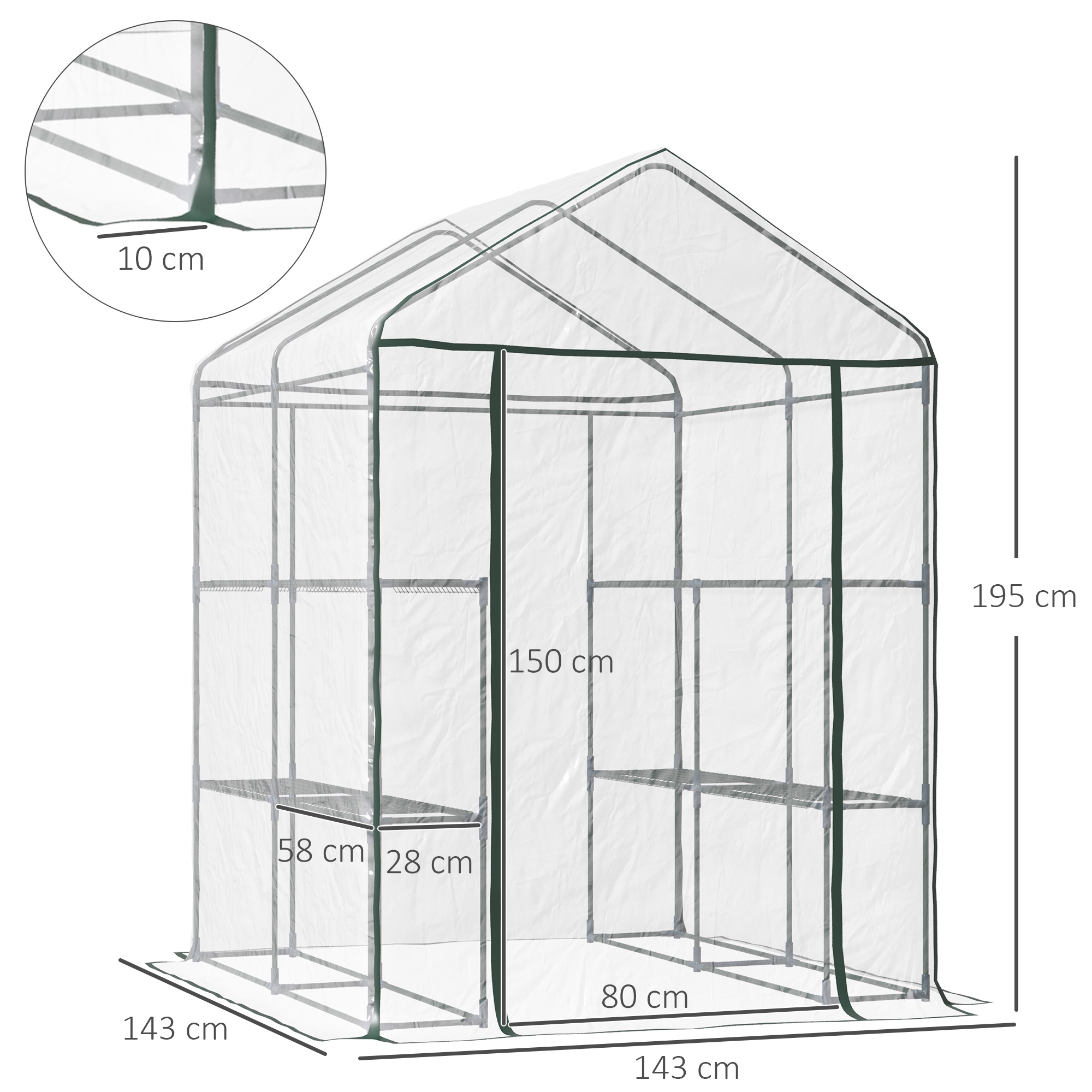 Foliengewächshaus begehbares Gartenhäuschen Tomatengewächshaus Treibhaus Frühbeet mit 6 Regalen Transparent Stahl PVC-Kunststoff 143 x 143 x 195 cm