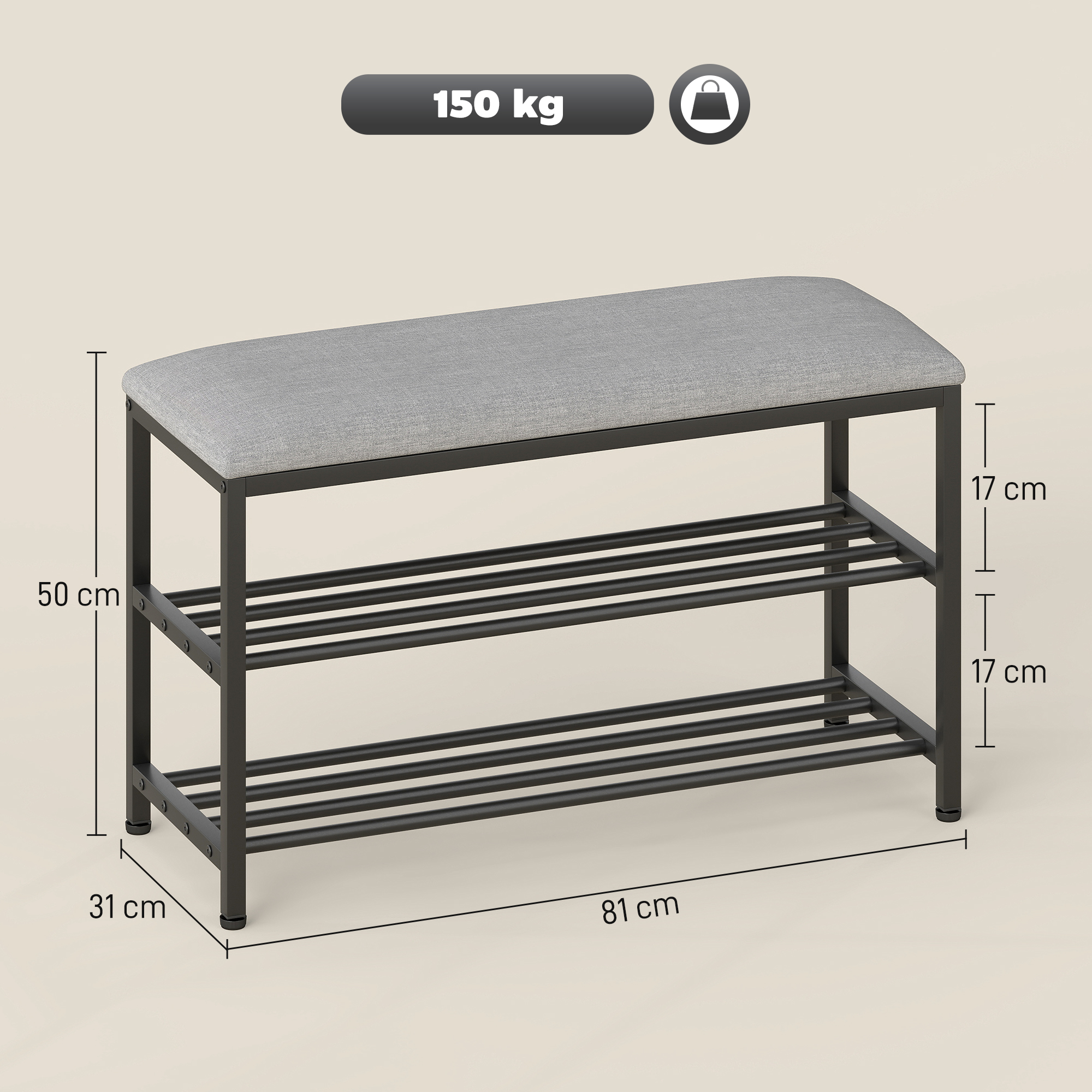 Schuhbank mit Sitzfläche, Sitzbank mit Stauraum, Schuhregal mit 2 offene Fächer, Sitzbank 81 x 31 x 50 cm Schwarz