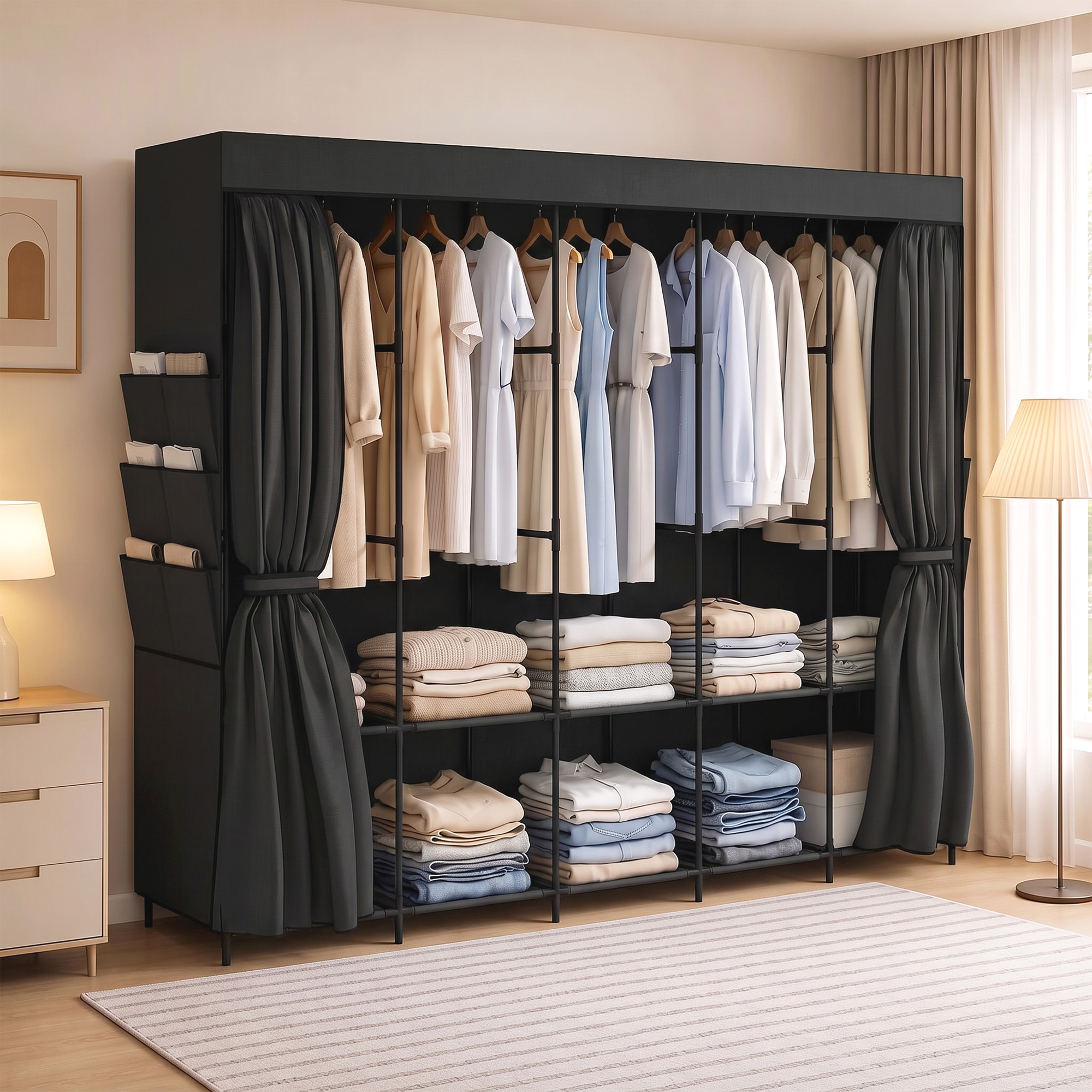 Stoff-Kleiderschrank, staubdicht, tragbar, 5 Kleiderstangen, 212 x 45 x 167 cm, Schwarz