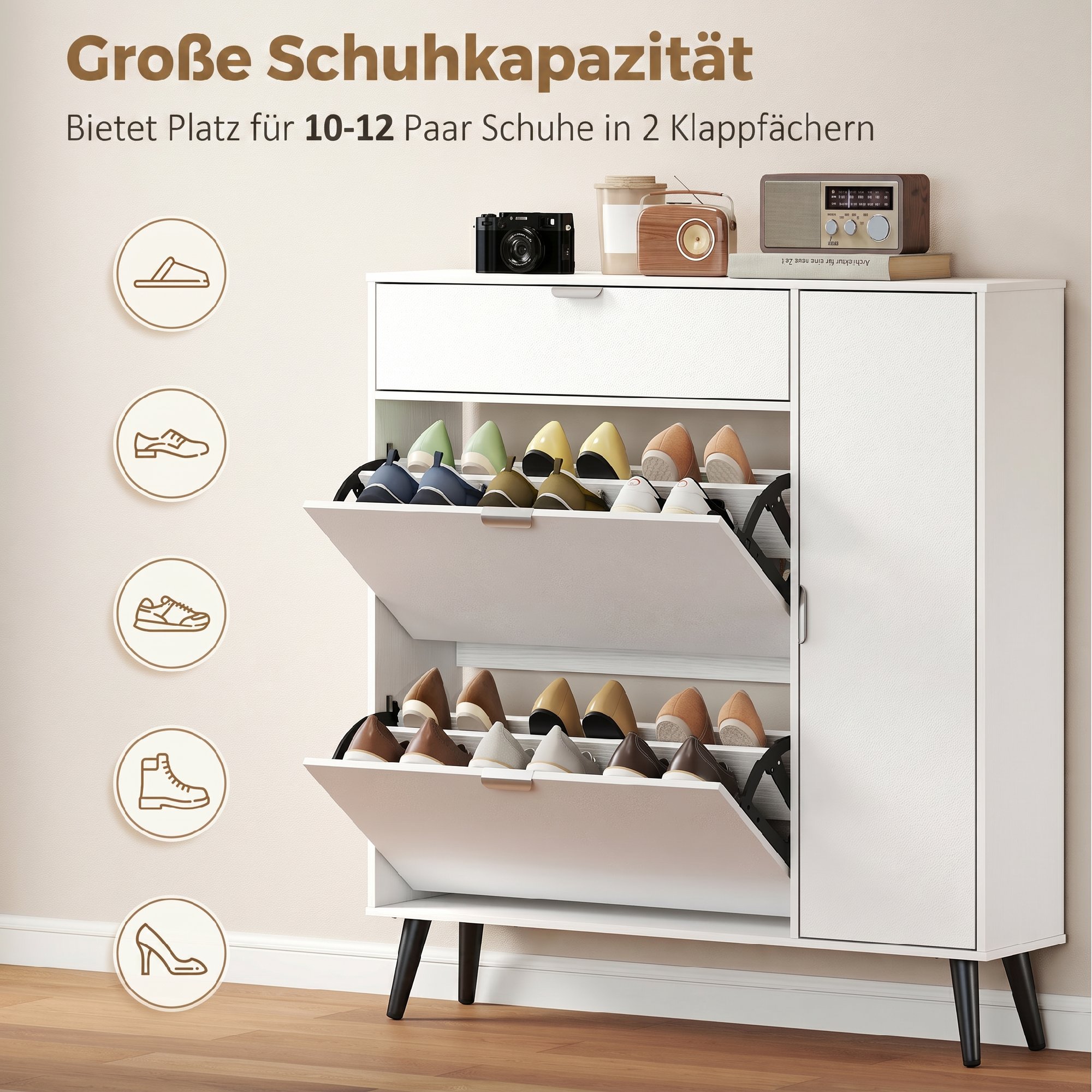 Schmaler Schuhschrank mit 2 Klappfächern, Schuhschrank mit Lychee-Leder-Türen und verstellbaren Regalböden, Weiß