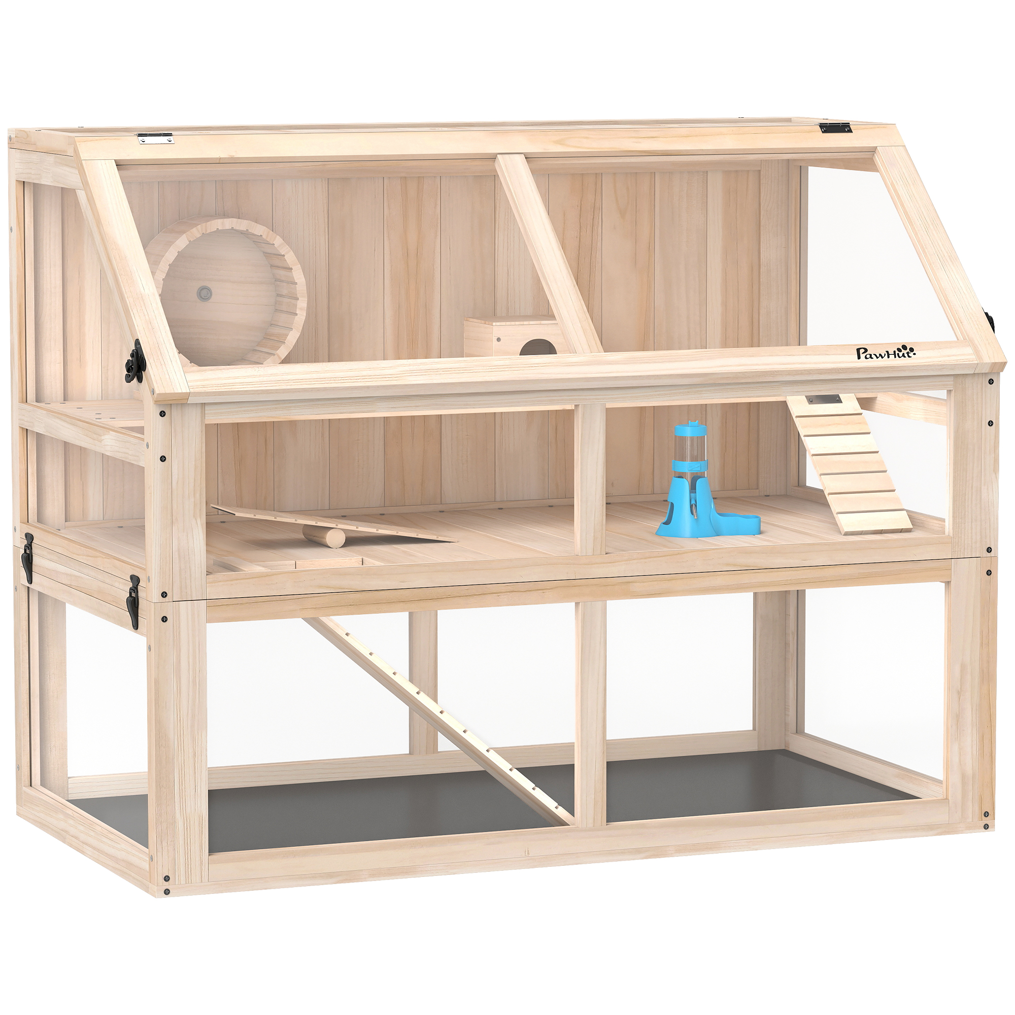 Hamsterkäfig aus Holz 3 Etagen Nagerkäfig Kleintierkäfig mit Wippe Laufrad Hütte 95 x 53 x 76 cm Naturholz