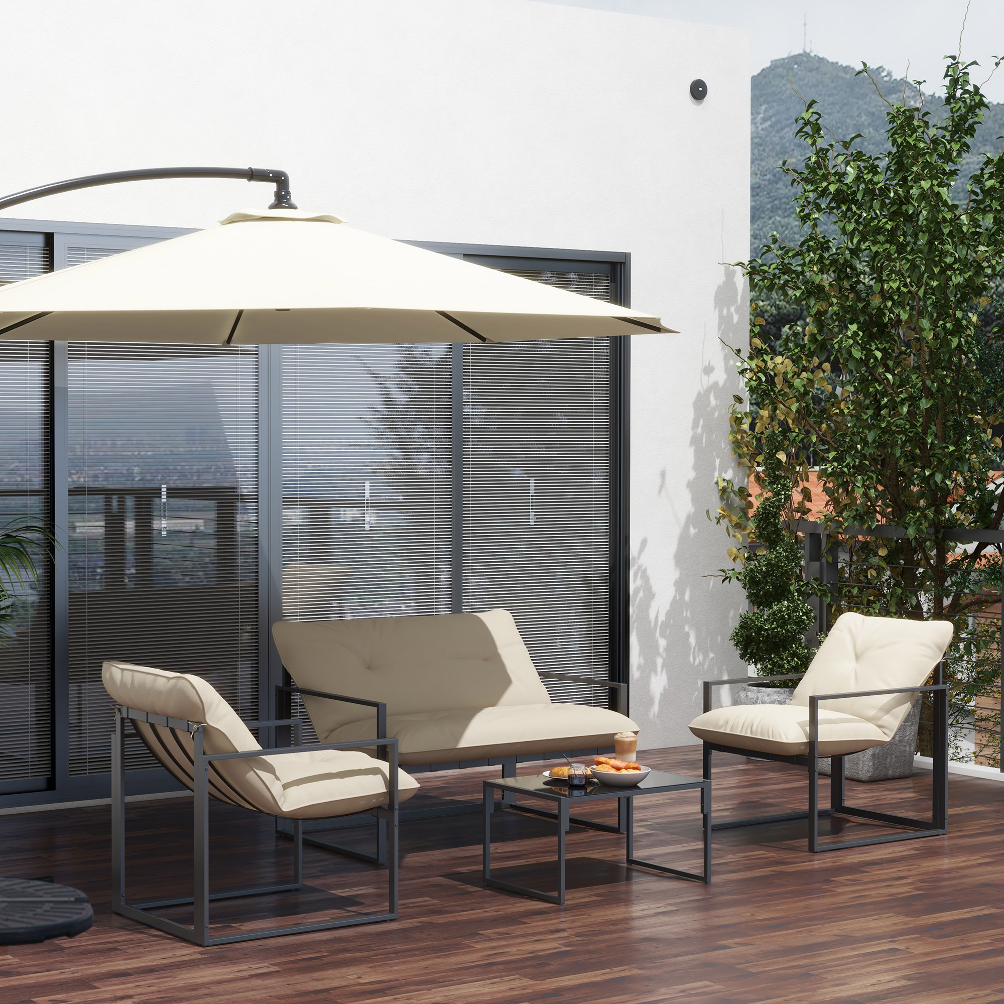 Gartenmöbel-Set, 1 Glastisch, 2 Sessel. 1 Sofa, wetterbeständig,114 cm x 70 cm x 67 cm, Grau+Beige