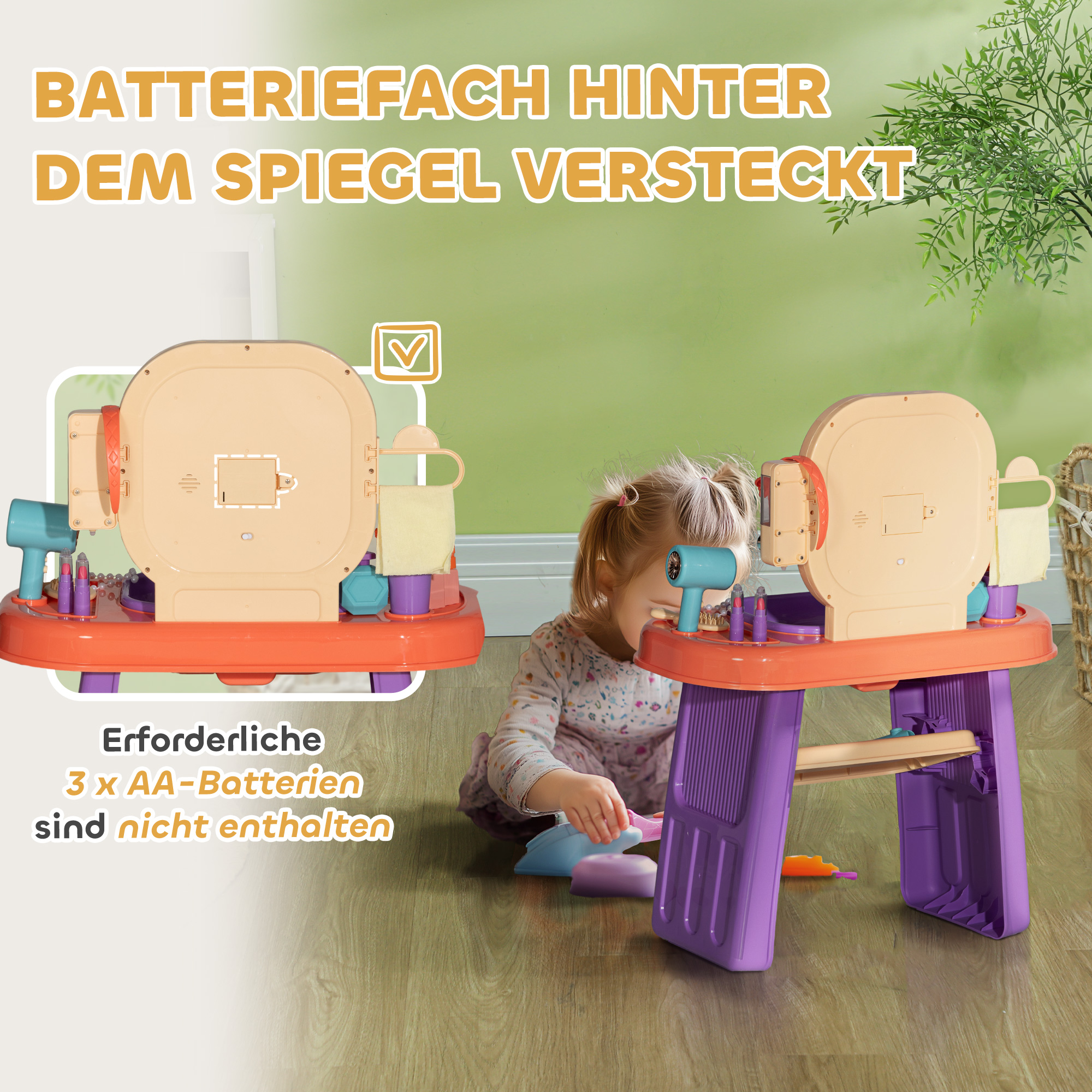 Kinderfrisiertisch mit LED-Spiegel, Musik, Wasserhahn, Acrylspiegel, Lila, 55x29x71 cm